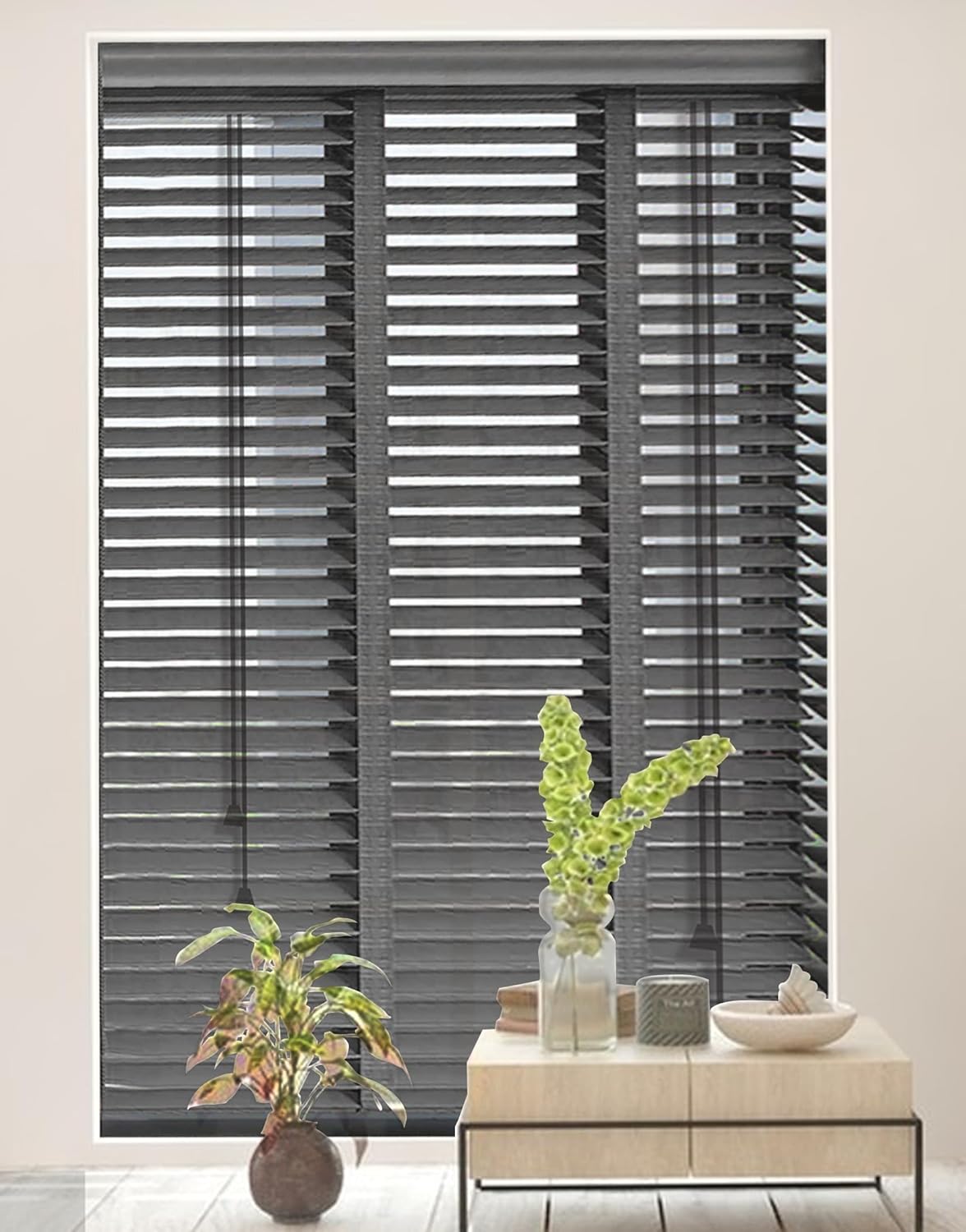 Wooden Blinds & Shades for Windows, 5cm Slats Wooden Window Blinds, Blackout Room Darkening Blinds Roman Shades for Interior, Filtered Light Horizontal Blinds Privacy Curtains,Black,24'' W x 60'' H