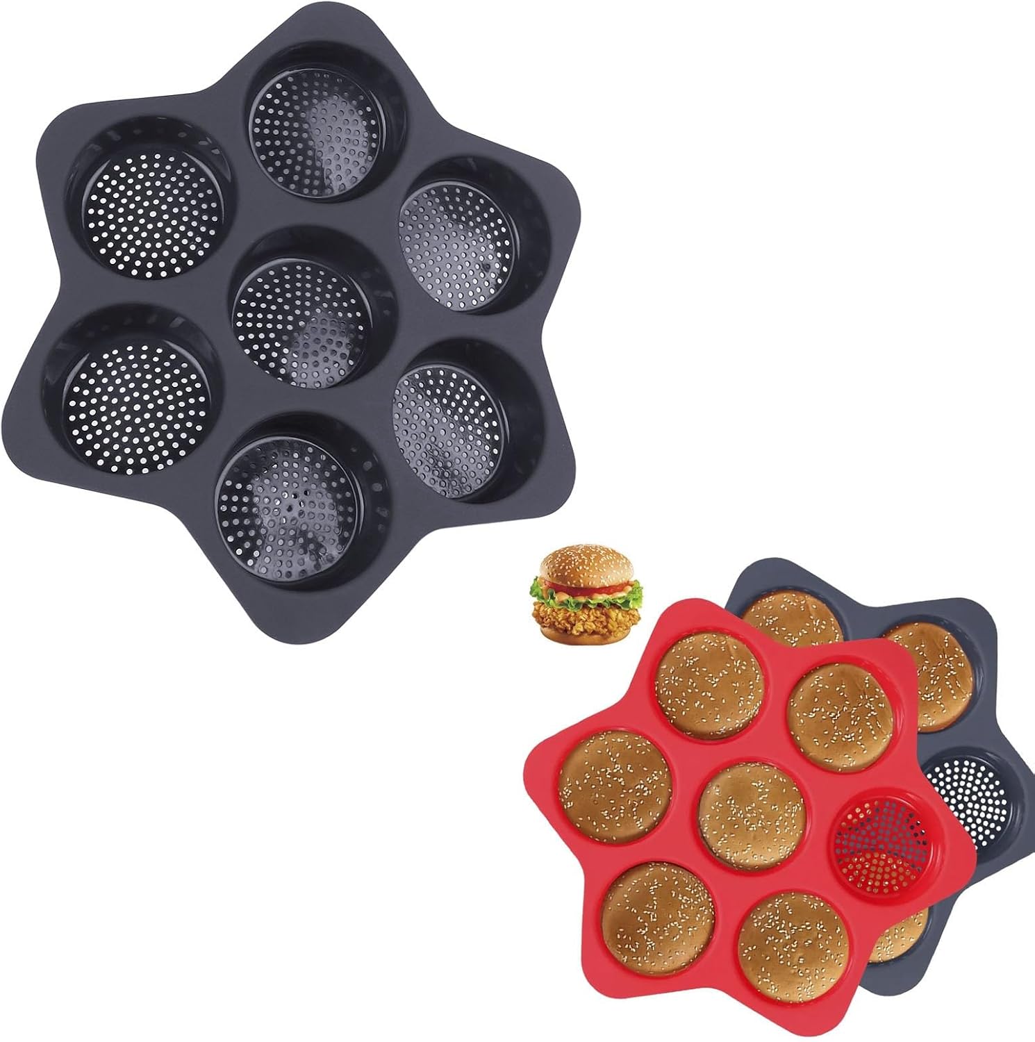 Hamburger Bun Mold, 7 Cavity Silicone Non Stick Dishwasher Safe Household Hamburger Bread Form Baking Pan for Egg Sandwich Cornbread Layer Cake (Grey)