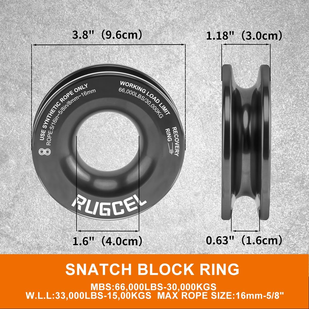 RUGCEL Kinetic Recovery Rope Tow Rope - 34000 lbs Strength, 1" x 30ft, with Heavy-Duty Gloves, Soft Shackle & Snatch Block - Ideal for Car, Truck, SUV, UTV, ATV & Tractor - Black Tow Straps