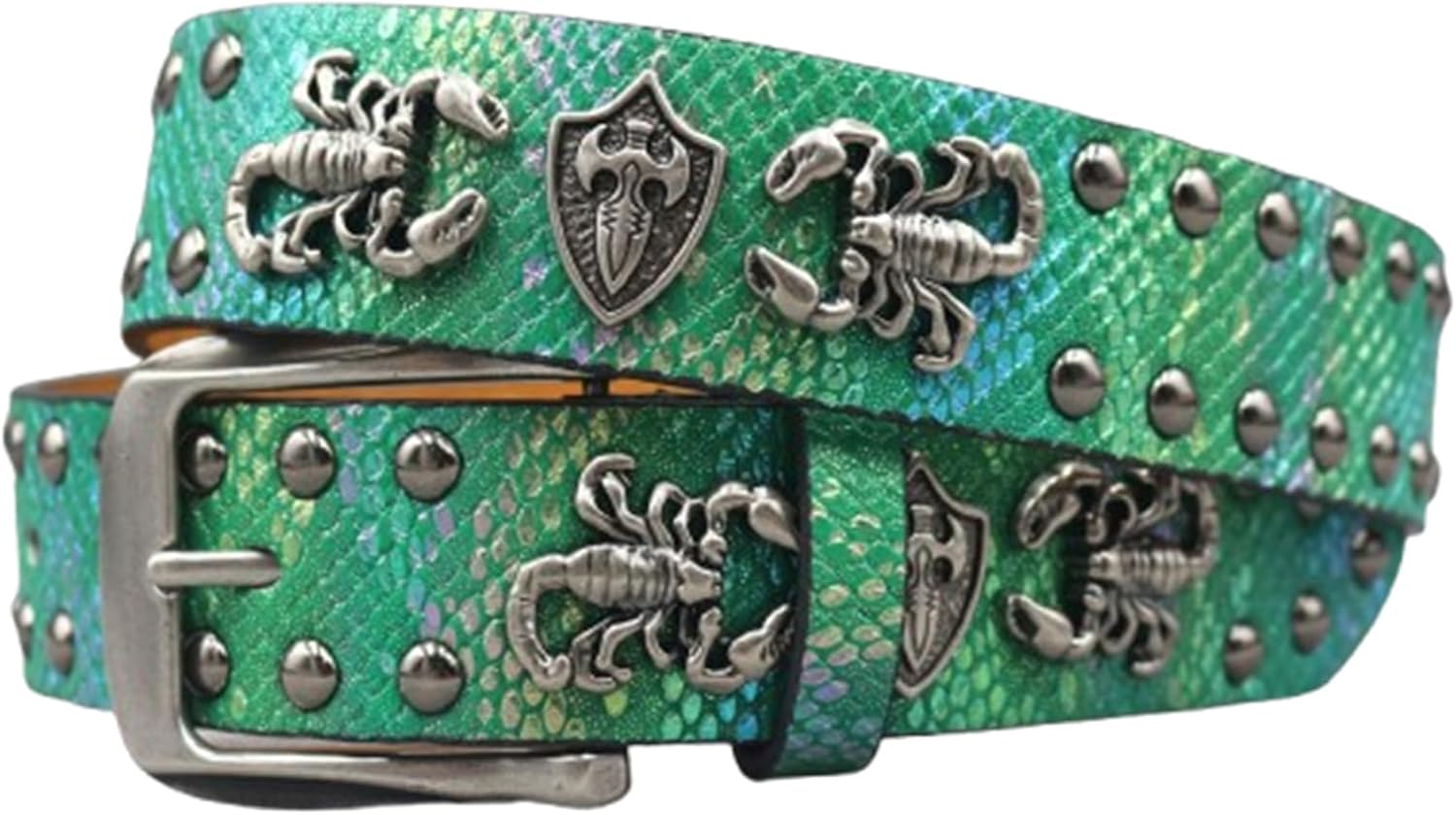 Engraved 3D Scorpion Studded Belt – Punk Unisex Crocodile Pattern Print Accessory for Bold and Versatile Fashion Styles(105cm/41, Green)