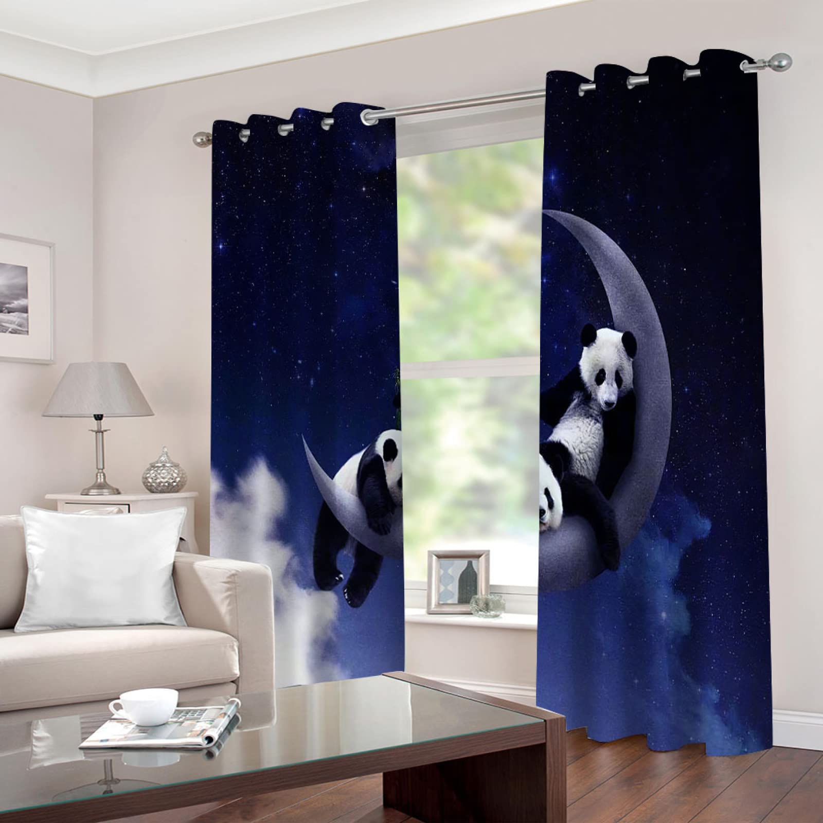 BOVZOX 3D Occultants Rideaux Lune et Panda 2 Pièces x 117 L x 138cm H Oeillets Chambre Isolant Thermique Rideau Grande Largeur Rideau Salon Decoration en Chambre pour Enfant Garcon