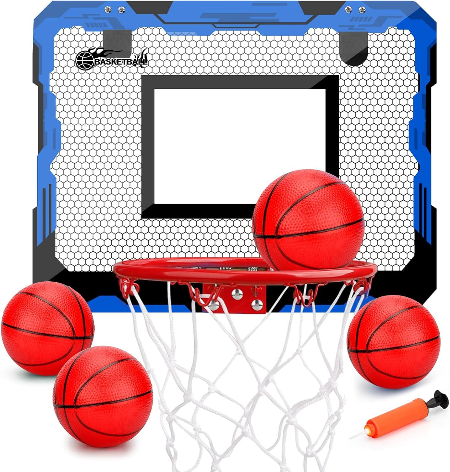 Indoor Mini Basketball Hoop Set, Upgrade Wall Mount Basketball Hoop for Wall Yard Outdoor, Over Door Room Hoops Game with 4 Balls Shatter Resistant Backboard -Complete Accessories Included blue