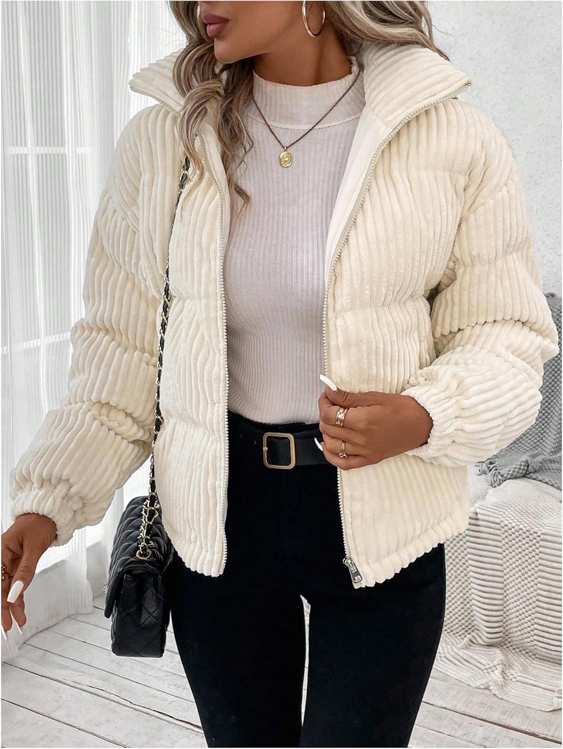 SOLY HUX Women's Zip Up Puffer Jacket Long Sleeve Corduroy Padded Coat Winter Outerwear