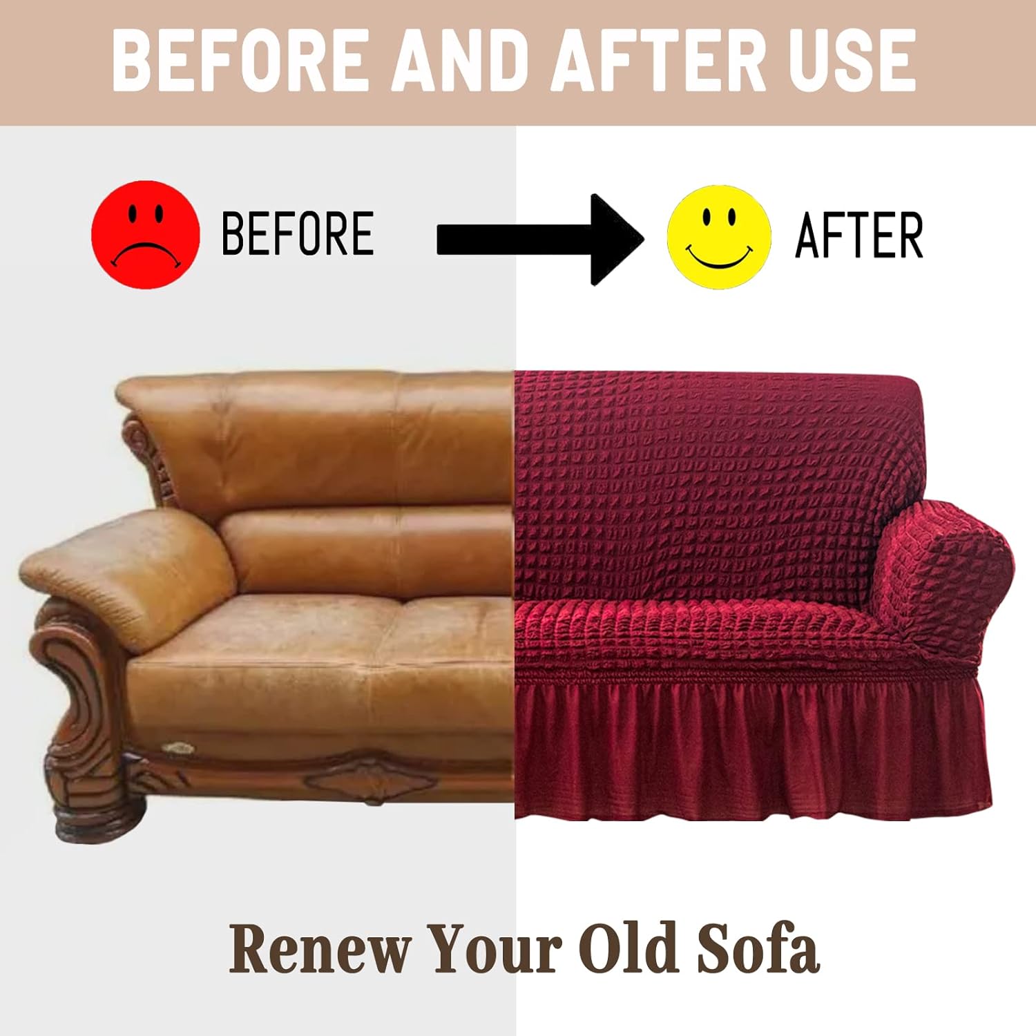 Stretch Armchair Slipcover Easy Fitted Sofa Couch Cover with Skirt, Durable Washable Universal High Elastic Furniture Protector for Kids, Pets (Small, Burgundy)