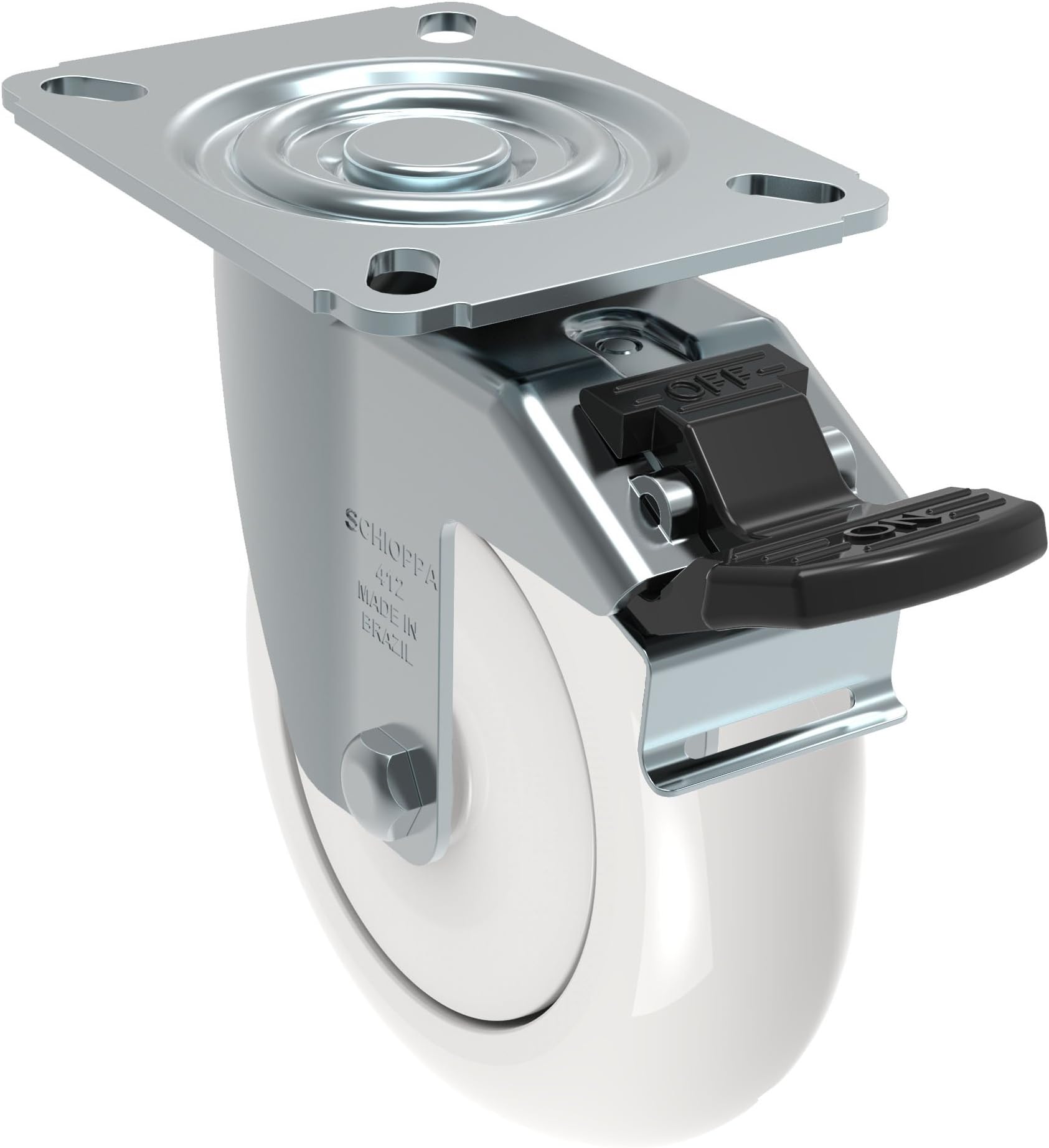 Schioppa GL 412 NTE G L12 Series 4" x 1-1/4" Diameter Swivel Caster with Total Lock Brake, Non-Marking Nylon Precision Ball Bearing Wheel, Plate 3-1/8" x 4-1/8" (Bolt Holes 3-1/8" x 2-1/4"), 375 lb