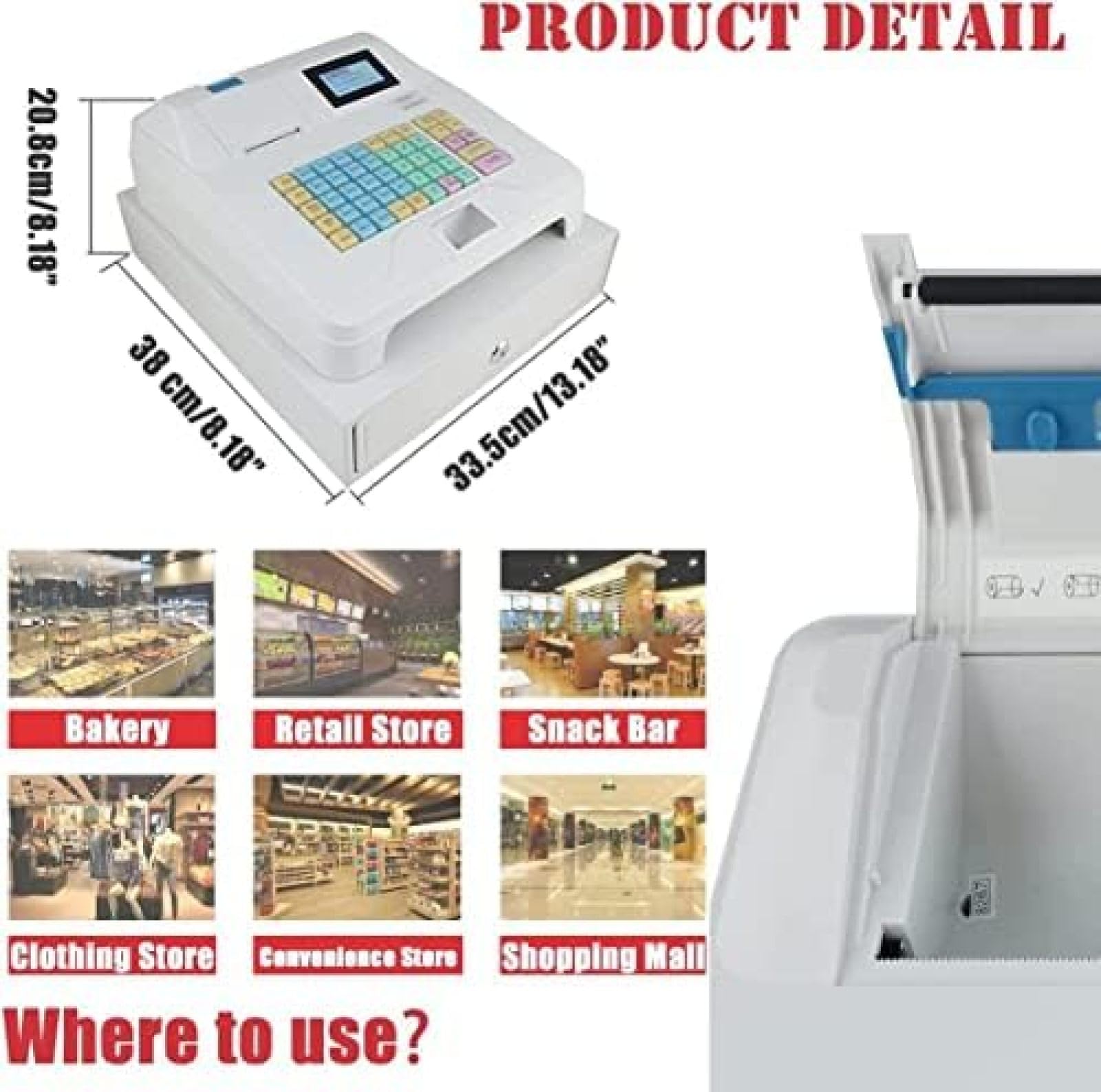 Registratore di Cassa Elettronico, Registratore di Cassa Sistema POS Elettronico con 48 Tasti, con Tastiera Piatta E Stampante Termica Registratore di Cassa Multifunzione con Cassa da 4 Banconote