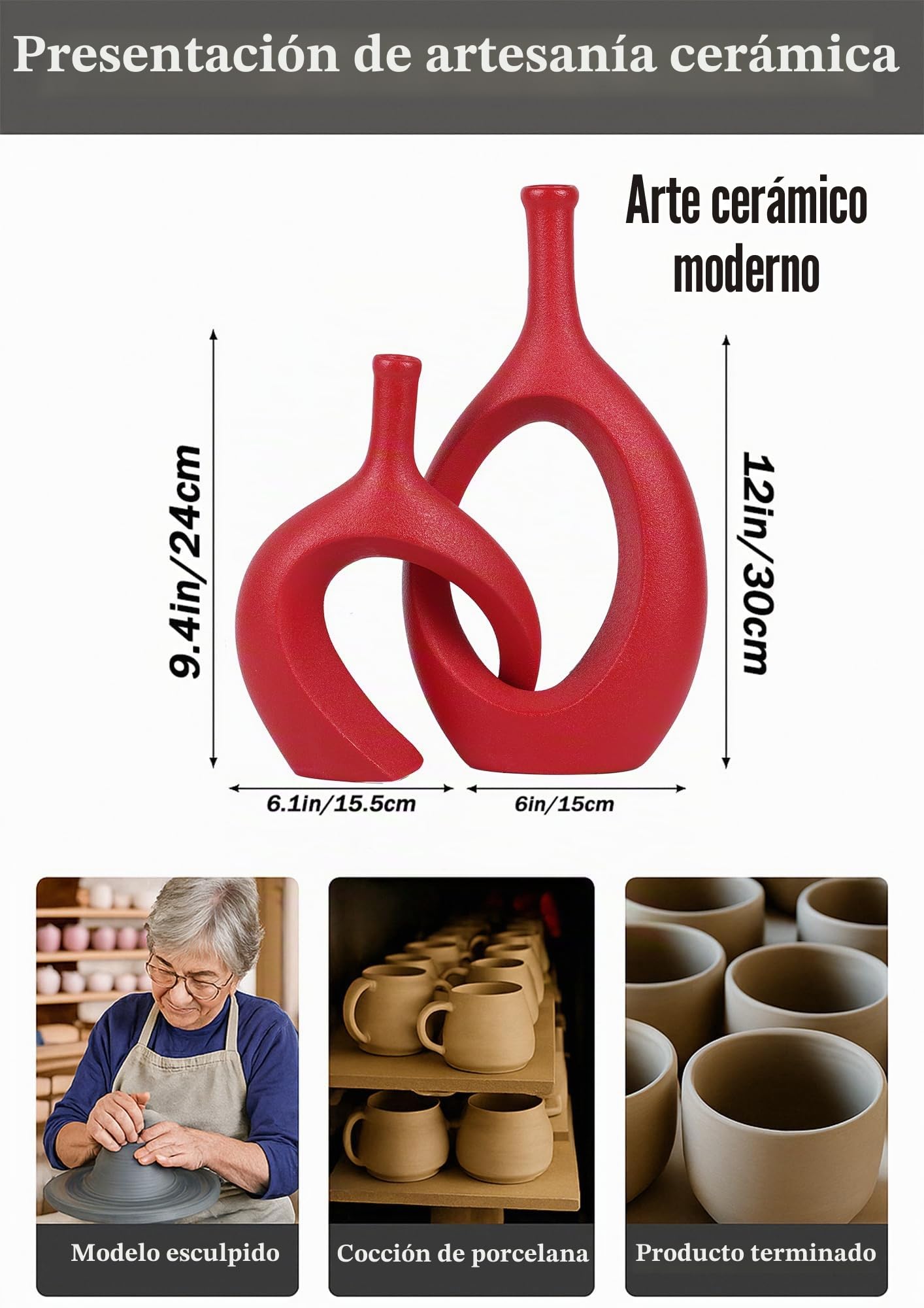 WUBIANJIE Juego de jarrones de cerámica roja, decoración moderna de estilo bohemio, diseño en forma de abrazos, jarrones para salón, dormitorio, mesa de café, chimenea