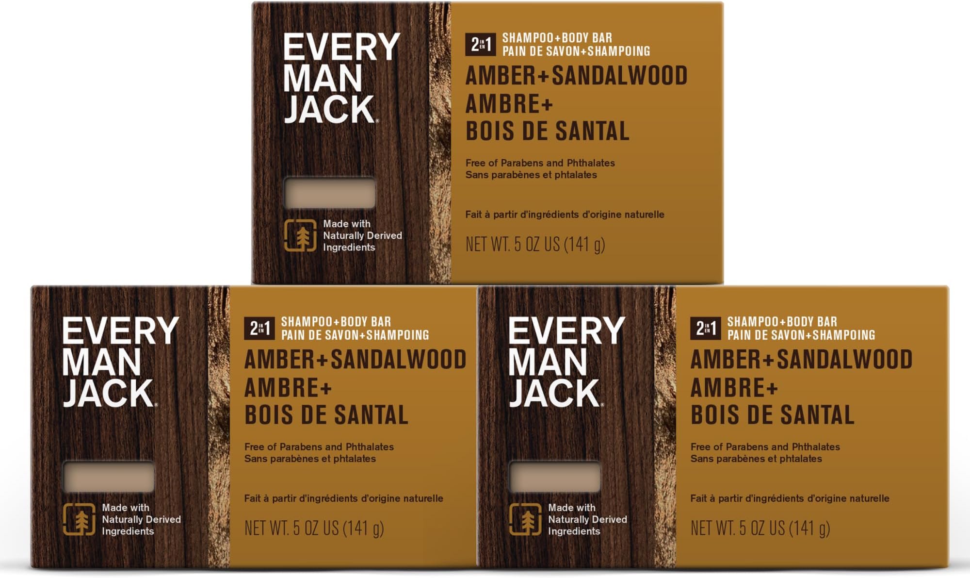 Every Man Jack Amber + Sandalwood Mens Soap Bar for Body and Hair with Shea Butter, Aloe Vera, and Glycerin to Clean, Hydrate, and Soothe Skin - Naturally Derived, Zero Harmful Chemicals - 3 Pack