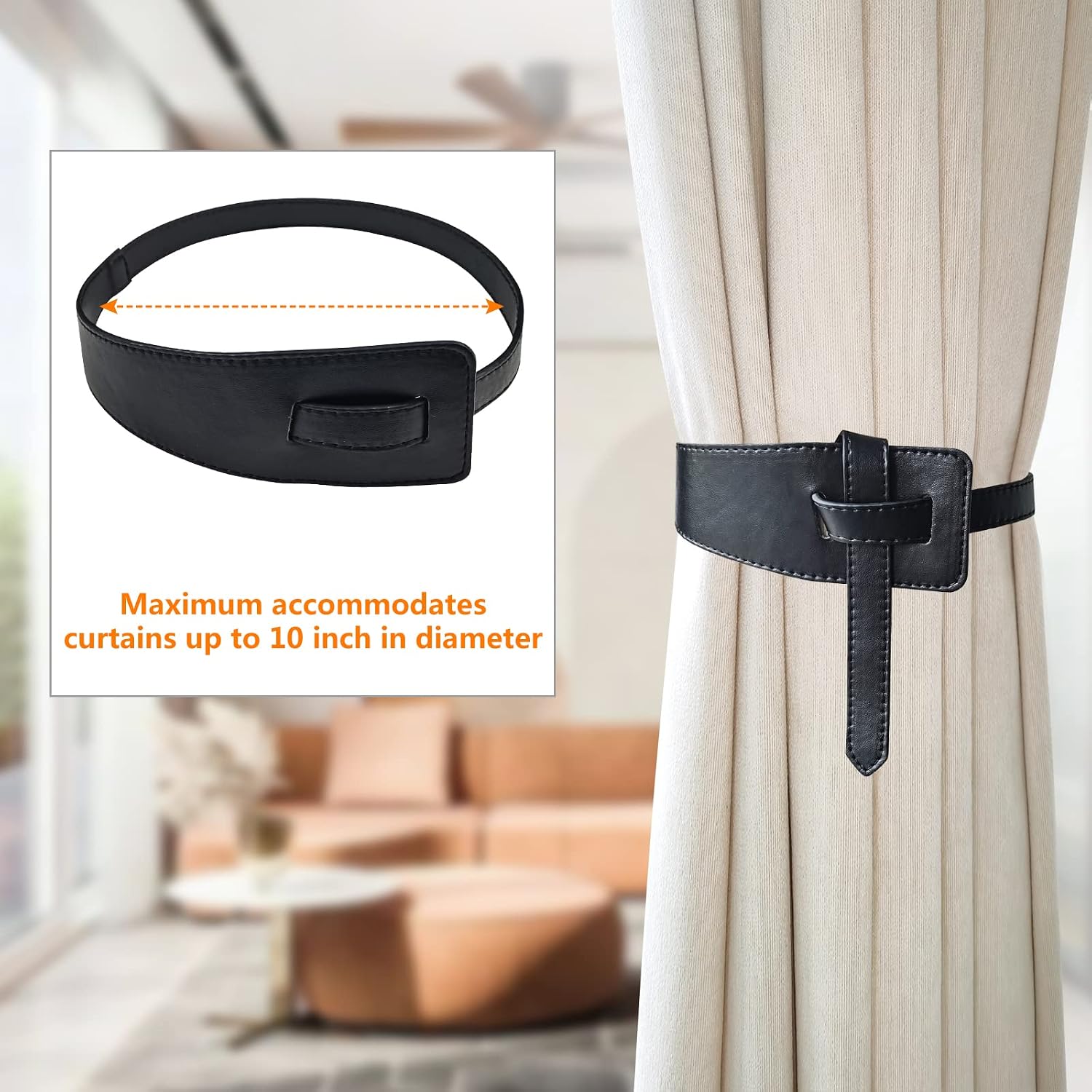 Leather Curtain Tie Backs, 4 Piece Minimalist Leather Drapery Tiebacks, Window Treatment Holdbacks, Vintage Style Curtain Tie Backs Curtain Buckle (Black)