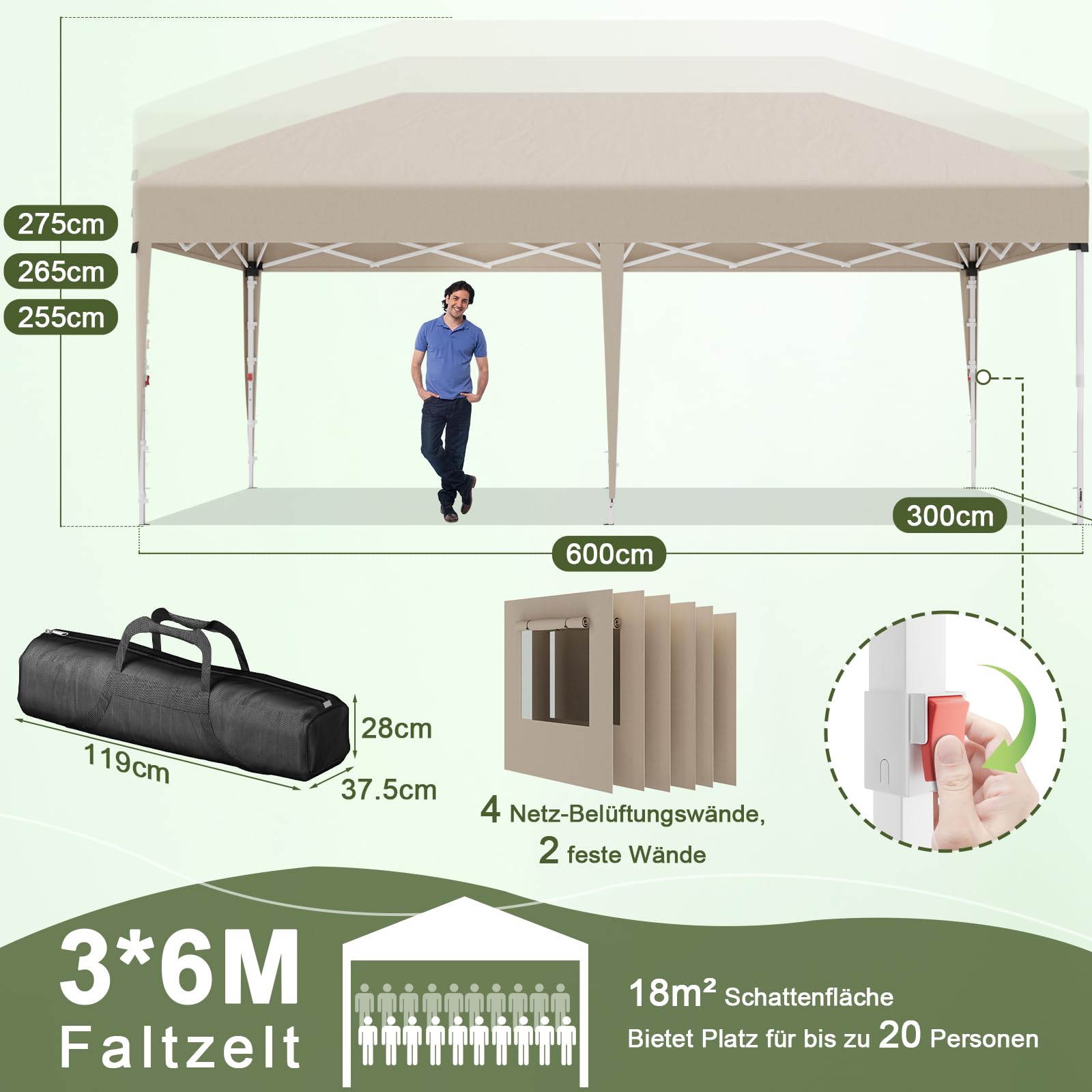 JUMMICO Pop Up Faltpavillon, 3 x 6 m Pavillon mit Netzfenstern zur Belüftung, UV-Schutz 50+, mit 4 Seitenwänden, wasserdicht stabil Winterfest，Faltbar Partyzelt Gartenzelt Gartenpavillon, Beige
