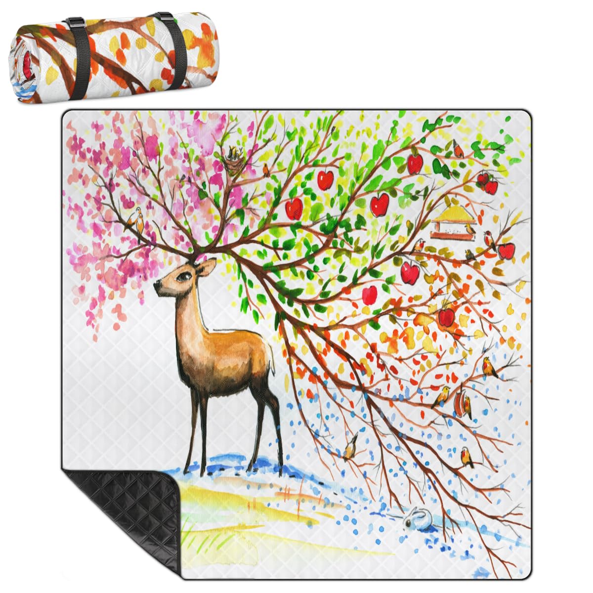 Shimoshe Extra Large Picnic Blankets 79”x 79”, Beautiful Bighorn Brown Deer Waterproof Foldable Picnic Mat with Straps Portable Beach Blanket for Camping Park Grass Beach Indoor