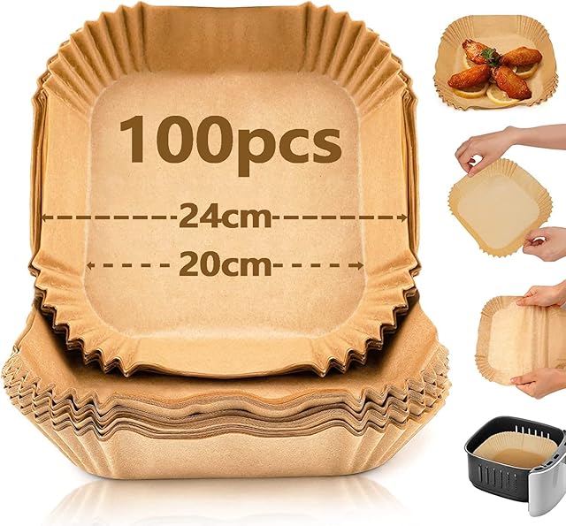 Air Fryer papier do pieczenia, 100 szt., kwadratowa frytkownica powietrzna, jednorazowy papier, nieprzywierający, wodoodporny, odporny na olej, pergaminowy, spożywczy, akcesoria do pieczenia, smażenia, gotowania (20-24 cm)