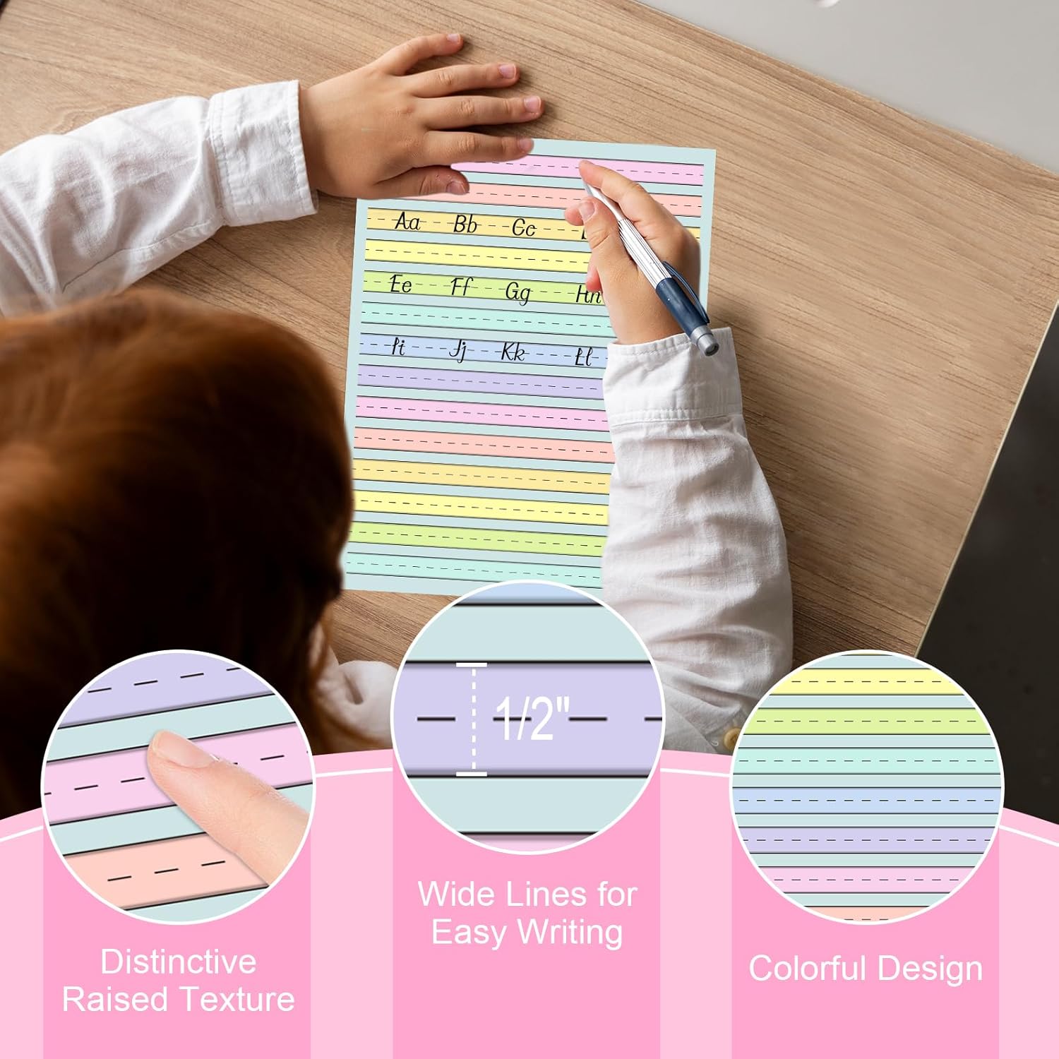 200 Sheet Raised Line Handwriting Paper With 1/2" Spacing Wide Ruled Writing Paper for Kindergarten 8.5"x 11" Colored Primary Writing Paper Pad Handwriting Practice For Kids Multi Sensory Dysgraphia