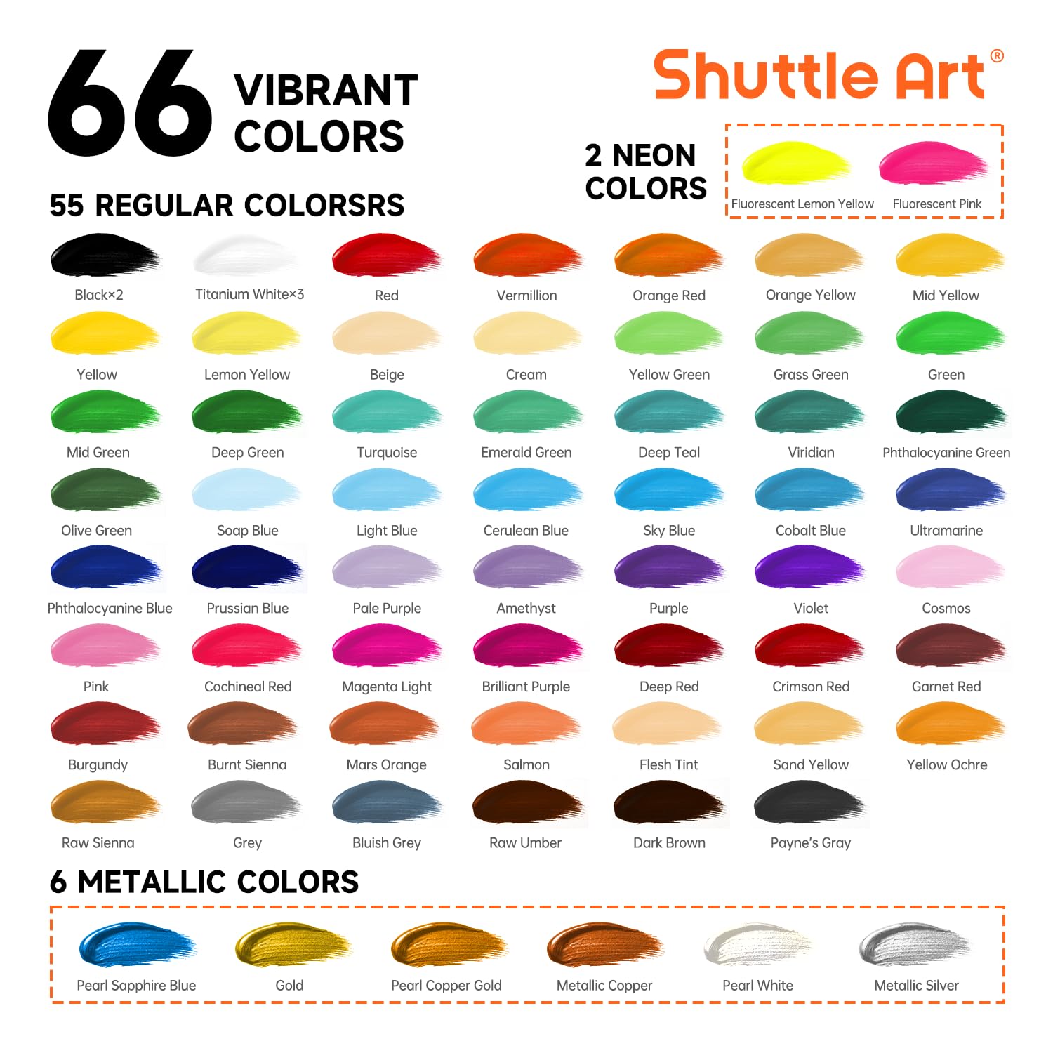 Zestaw PitturaAcrilica Shuttle Art 66 Farb akrylowych 22ml/Tubo 3 Spazzole, Qualità Professionale per Gli Artisti
