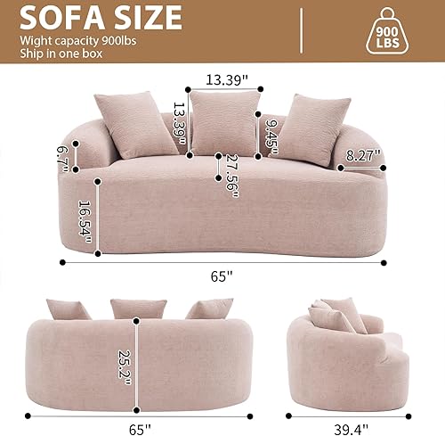 Miniatura 2 de Sofá biplaza curvo de 65 pulgadas para espacios pequeños, sofá biplaza sin hueso, tela de felpilla de grano de madera, no requiere instalación, sofá