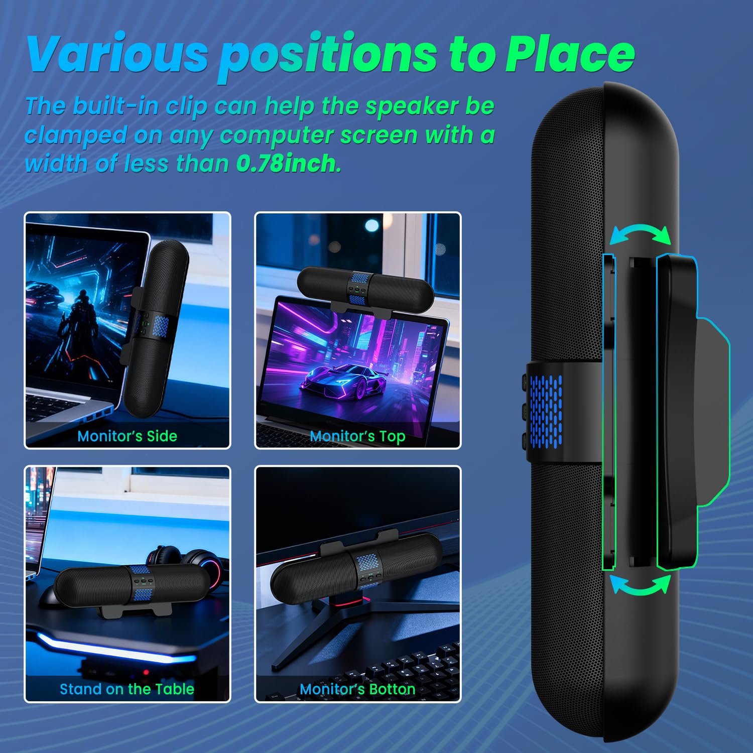 BESTISAN Altoparlante per computer, connessione USB A/C Bluetooth 5.3/cablata, 6 modalità di luce RGB, soundbar da gioco per PC/laptop/desktop, adattatore USB A/C, suono forte, si attacca facilmente