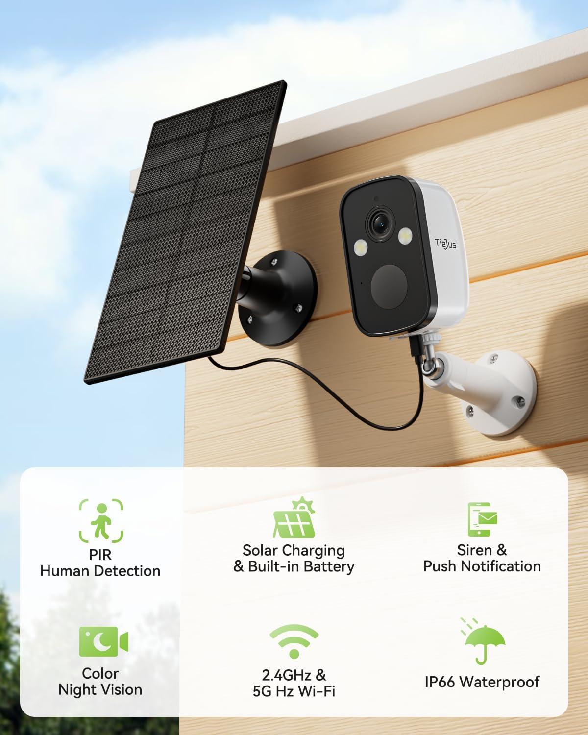 2K Solar Security Cameras Wireless Outdoor, 2.4G/5G WiFi, Powered by Sun Rechargeable Battery Backup, Color Night Vision, PIR AI Motion Detection,2 Way Talk,IP66,Works with Alexa/Cloud/SD - Image 2
