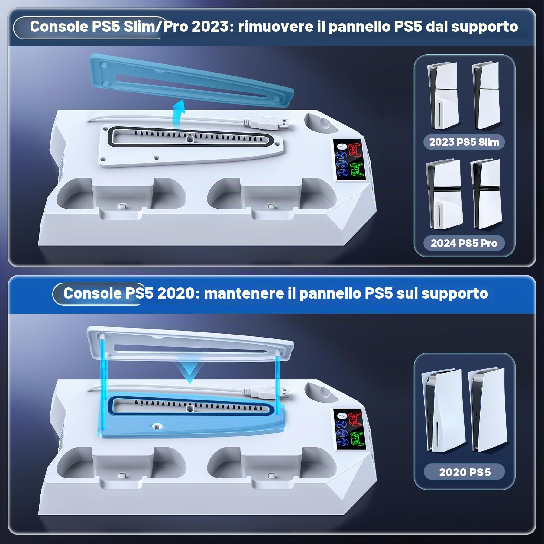 Tokluck Supporto per PS5/Slim/Pro con Raffreddamento, Caricatore per PS5 Controller, Ventola per PS5 a 3 velocità con Supporto per Cuffie e 3 USB HUB