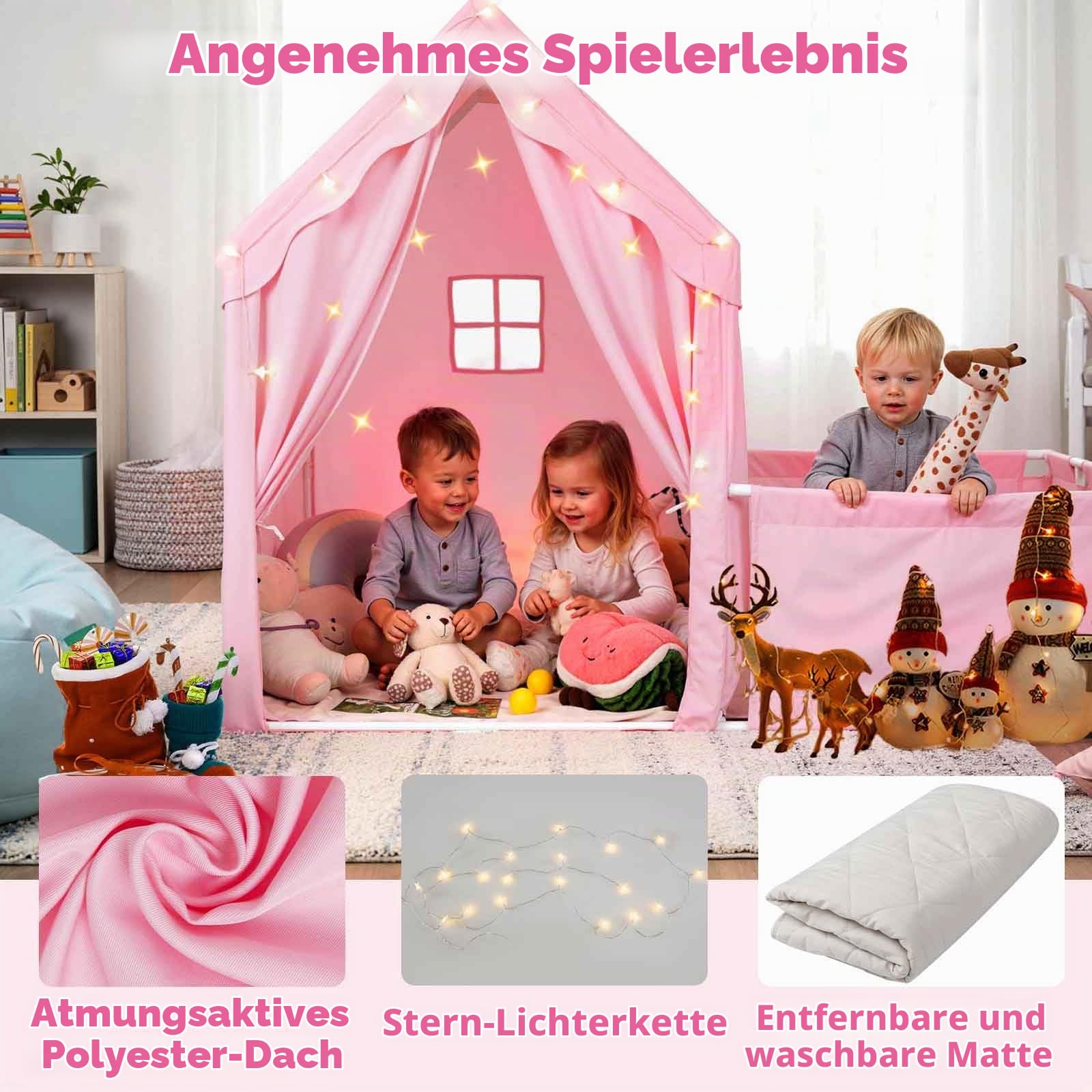 HOMASIS Spielzelt Indoor, 2 in 1 Spielhaus mit Laufgitter, Matte, Sternlichtern & Fenster, Kinderzelt aus Baumwolle, Kinder Zelt Kinderhaus für ab 3 Jahren, Kinderspielzelt für Kinderzimmer (Rosa)