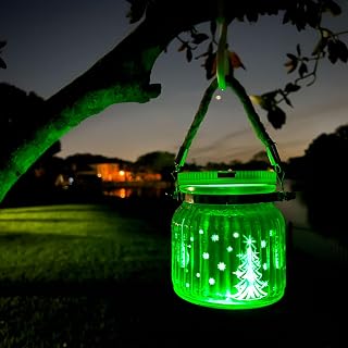 Christmas Battery Operated Multicolor Hanging Glass Jar Lantern w/ Remote | Indoor Outdoor Color Changing RGB LED Jar Light w/ Remote & Timer Christmas Tree Ornament Pattern Xmas Décor D4.1" x H4.5"