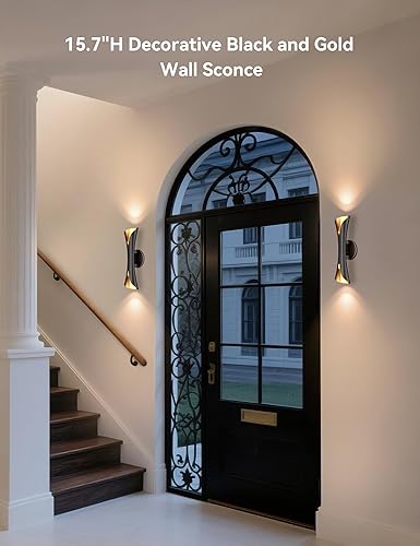 Miniatura 2 de Tubicen Aplique de pared moderno decorativo para pared, luz regulable hacia arriba y abajo, luces interiores negro dorado de mediados de siglo para