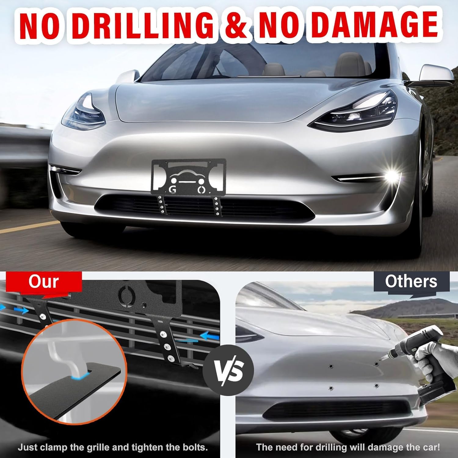 Model Y - Front License Plate Bracket No Drill Compatible with 2024 Tesla Model 3 Front License Plate Holder,Front License Plate Frame for Tesla Model 3 Accessories