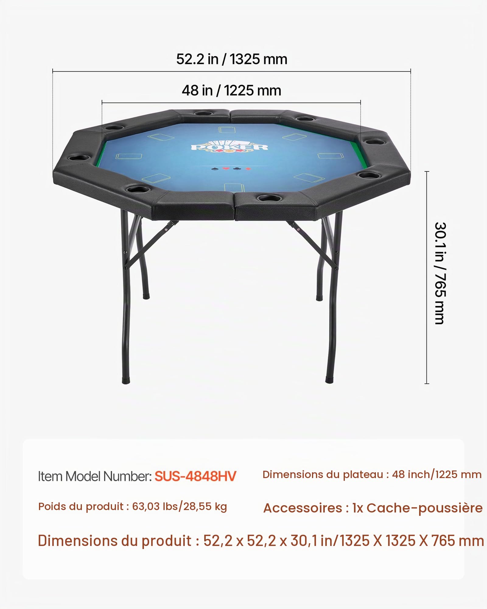 VEVOR Table de Poker Pliable 132,5 cm pour 8 Joueurs, Table de Casino Octogonale pour Blackjack et Texas Holdem, avec Rails Rembourrés et Porte-Gobelets, pour Jeu de Cartes Jeu de Société, Maison