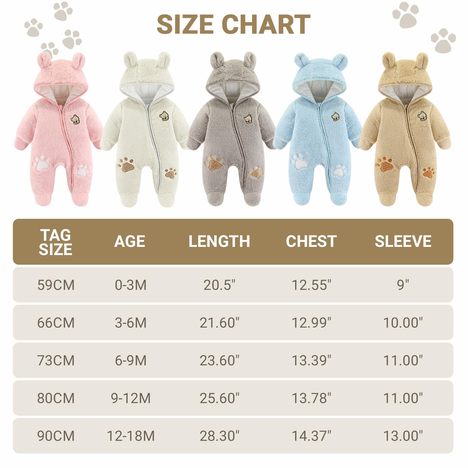 JiAmy Combinaison Bebe Garcon Fille Hiver Polaire Combipilote Pilote Bébé Manteau à Capuche Manches Longues Ours Combinaison de Neige 0-12 Mois