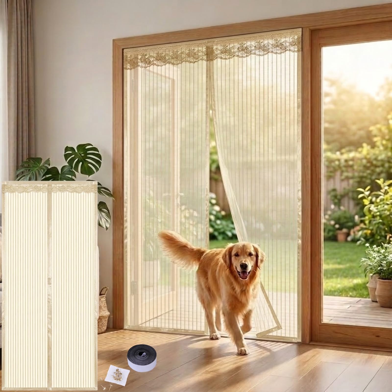Magnetic Fly Screen Door Mesh Curtain, Heavy Duty Fiberglass Door Screen with Powerful Magnets, Hands-Free Self-Sealing Net for Patio, Balcony, 90 x 210cm, Black(Beige,59x87in(150x220cm))
