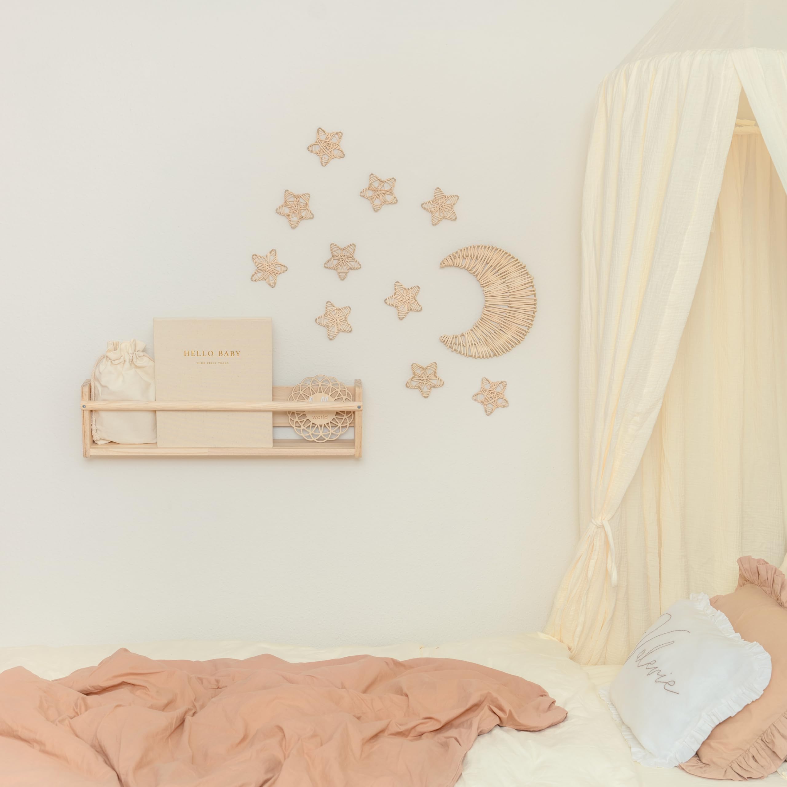 WAIKUA Lot de 10 étoiles en rotin - Décoration murale bohème faite à la main pour chambre d'enfant, chambre de bébé et salon - Décoration murale naturelle en rotin non traité, 25 cm