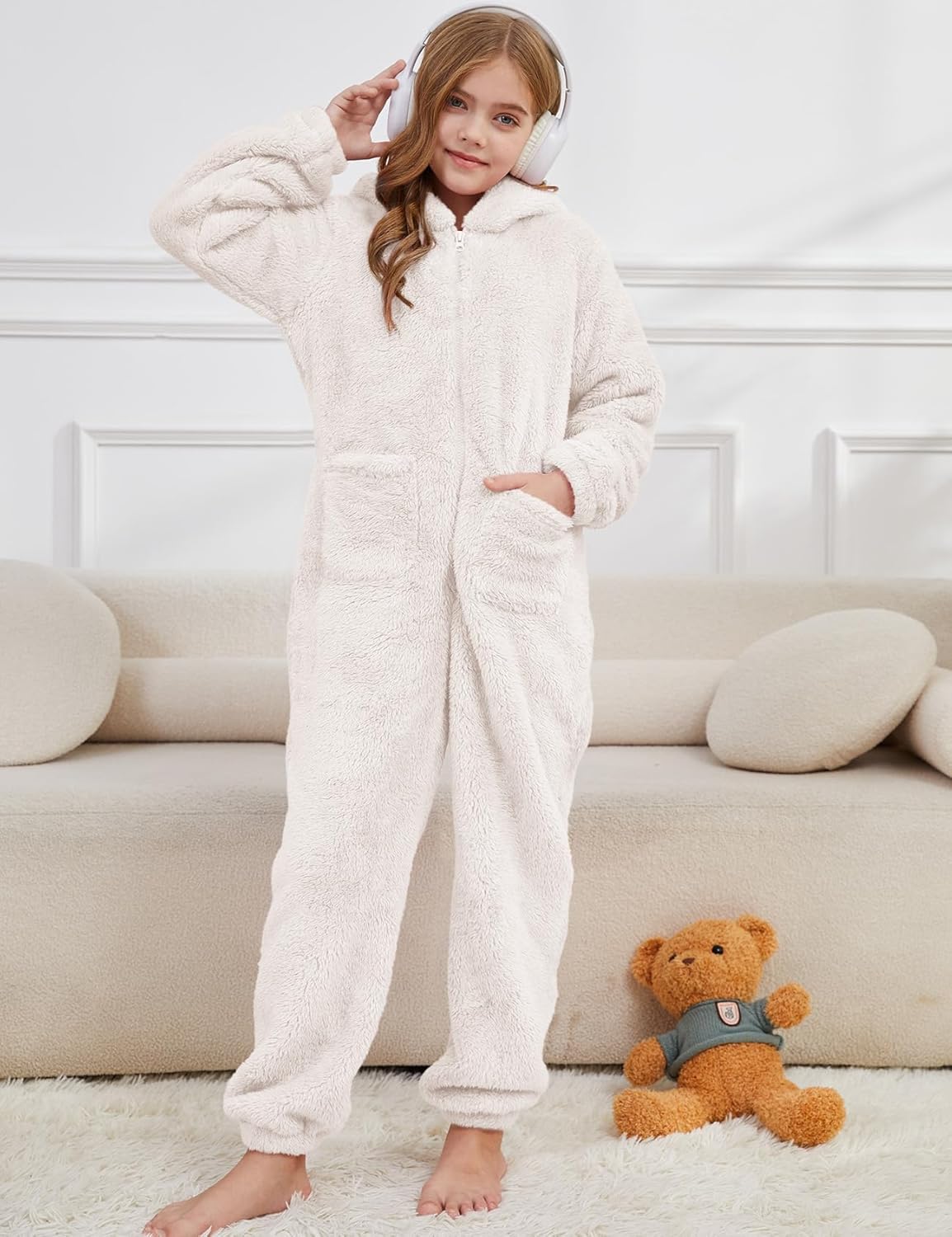 Kissonic Girls Fuzzy Onesie Fleece Jumpsuit Kids Winter Warm Fluffy Zip up Hooded Rompers Costume - Image 2