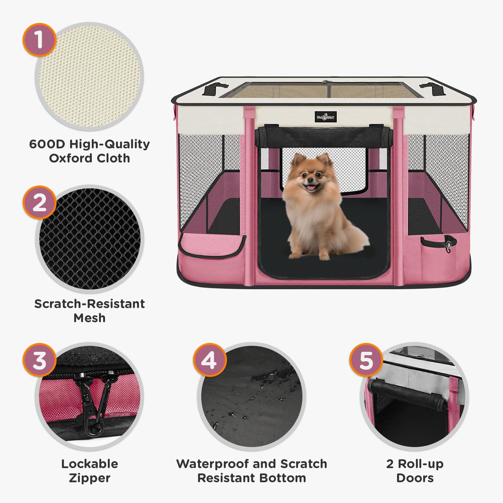 Foldable Pet Playpen, Waterproof Portable Pet Cat Dog Playpen Kennel Tent for Small Dog Cat, Removable Shade Cover, Come with Free Carrying Case, Indoor Outdoor Use for Small Animals, Pink
