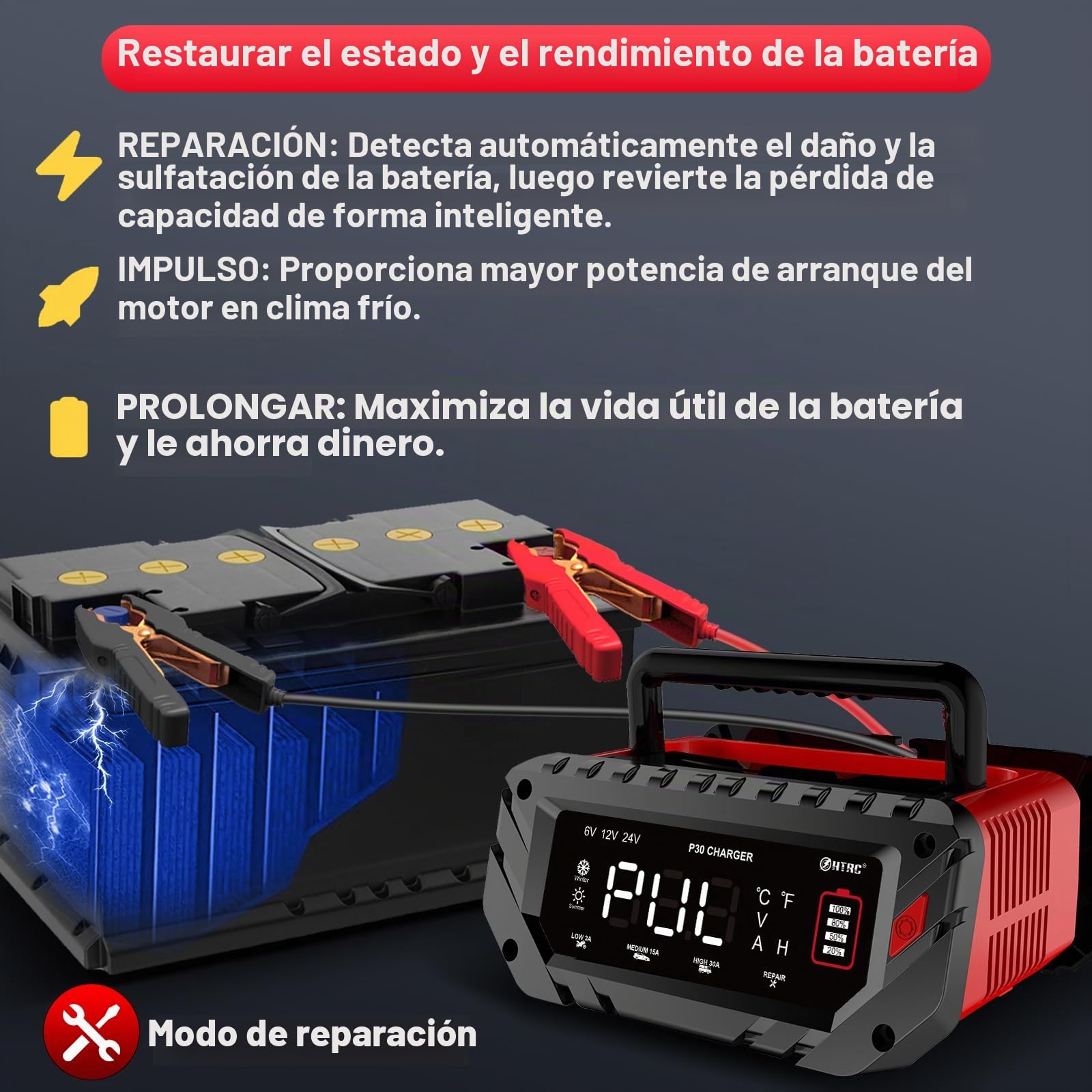 HTRC Cargador de batería de coche de 30 A, 6 V/12 V/24 V, mantenedor de batería, cargador de goteo y desulfatador de batería con pantalla LCD para barco, SUV, motocicleta, litio LiFePO4 y plomo-ácido