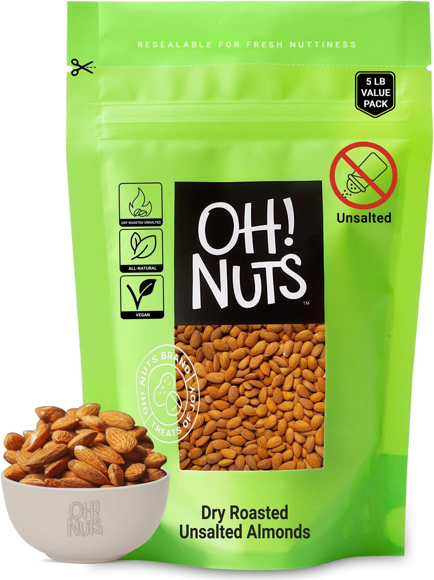 Almonds - Dry Roasted Unsalted Almonds - 5 lb - No Salt, No Oil All-Natural Protein - Packed in New York Zip-Seal Bag for Exceptional Freshness