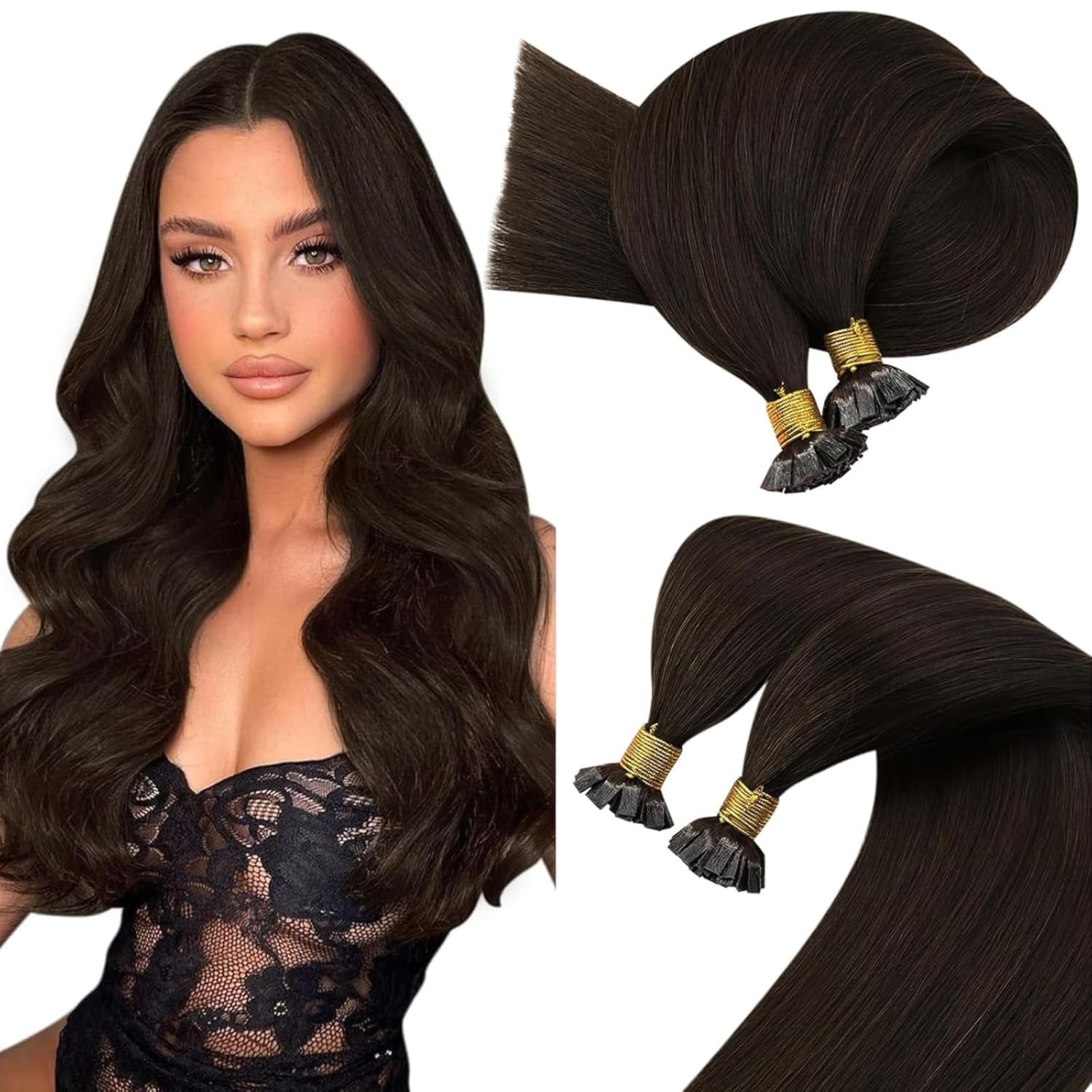 Sunny Hair Flat Tip Hair Extensions Human Hair Darkest Brown Keratin Flat Tip Hair Extensions Pre Bonded K Tip Hair Extensions Real Human Hair Natural Look Human Hair Flat Tips 50g/pack 20inch