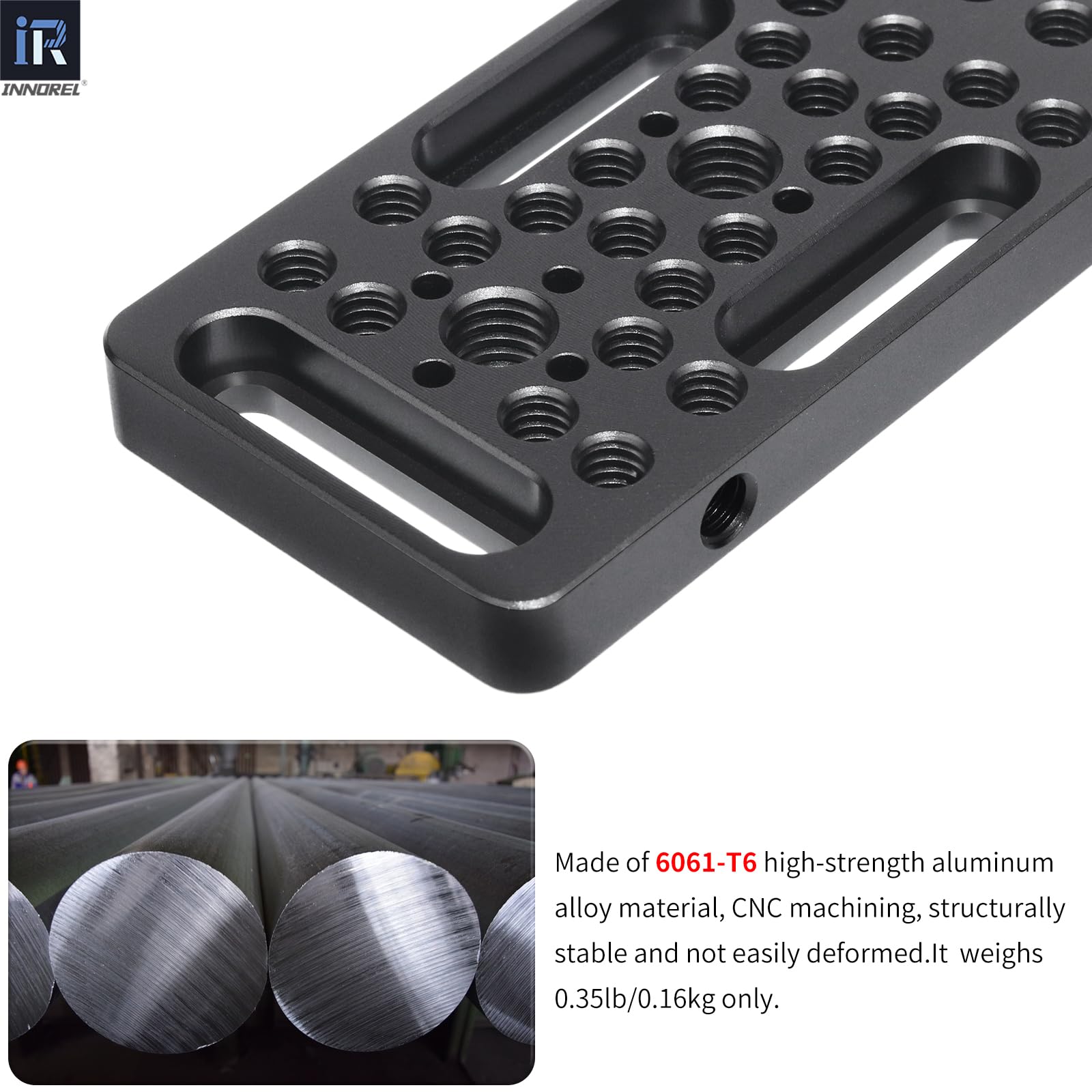 INNOREL CP2005 20 x 5 cm wielofunkcyjna płyta serowa z gwintami 1/4" i 3/8", przełączana płyta montażowa z wbudowanymi otworami lokalizacyjnymi ARRI do aparatu i statywu