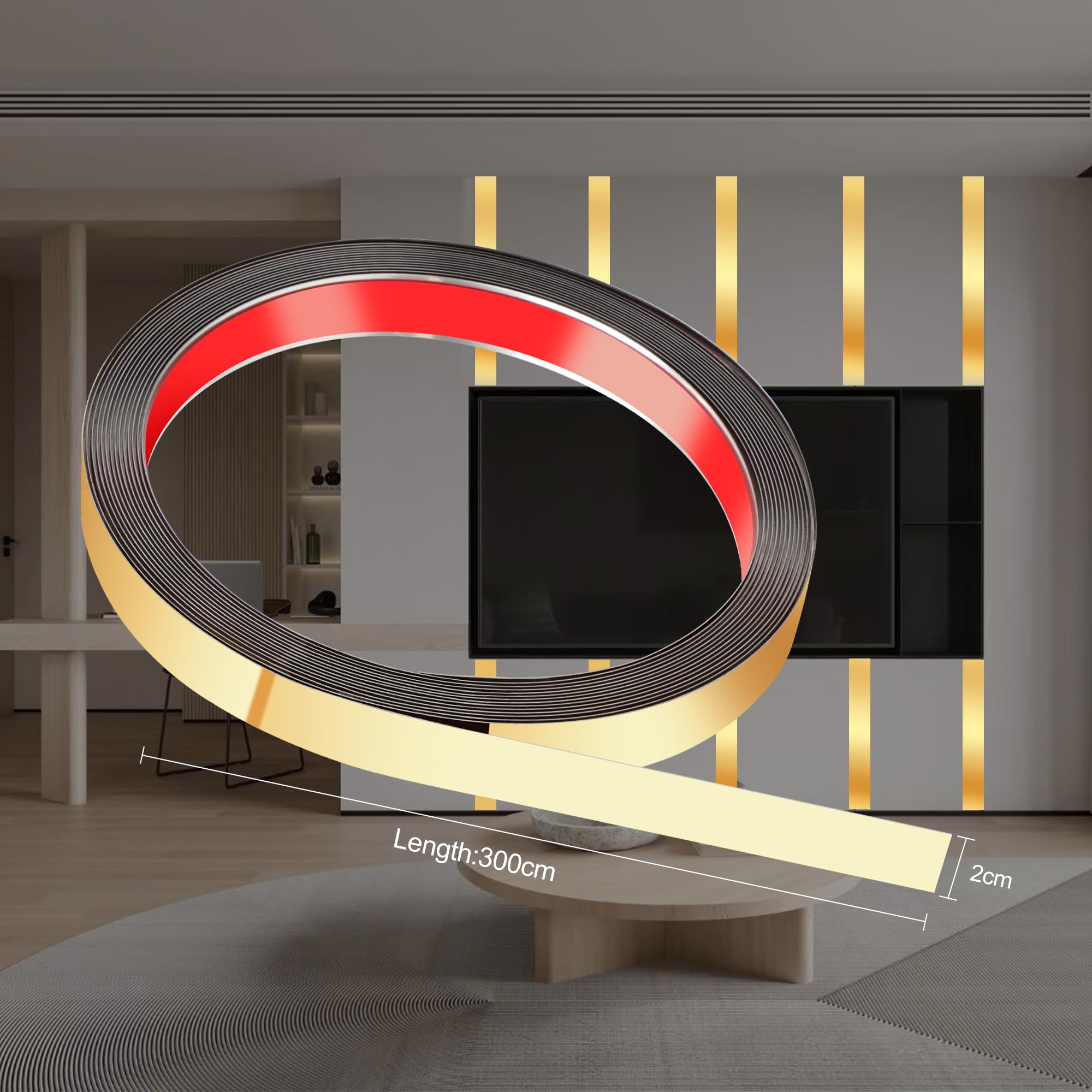 JUNART 300cm×2cm in Acciaio Inox Parete Modanatura Ttrim, Peel and Stick, Flessibile Autoadesivo Metallo Trim per Caminetti, Cornici per Specchi, Pareti, Soffitti, Piastrelle(Oro)