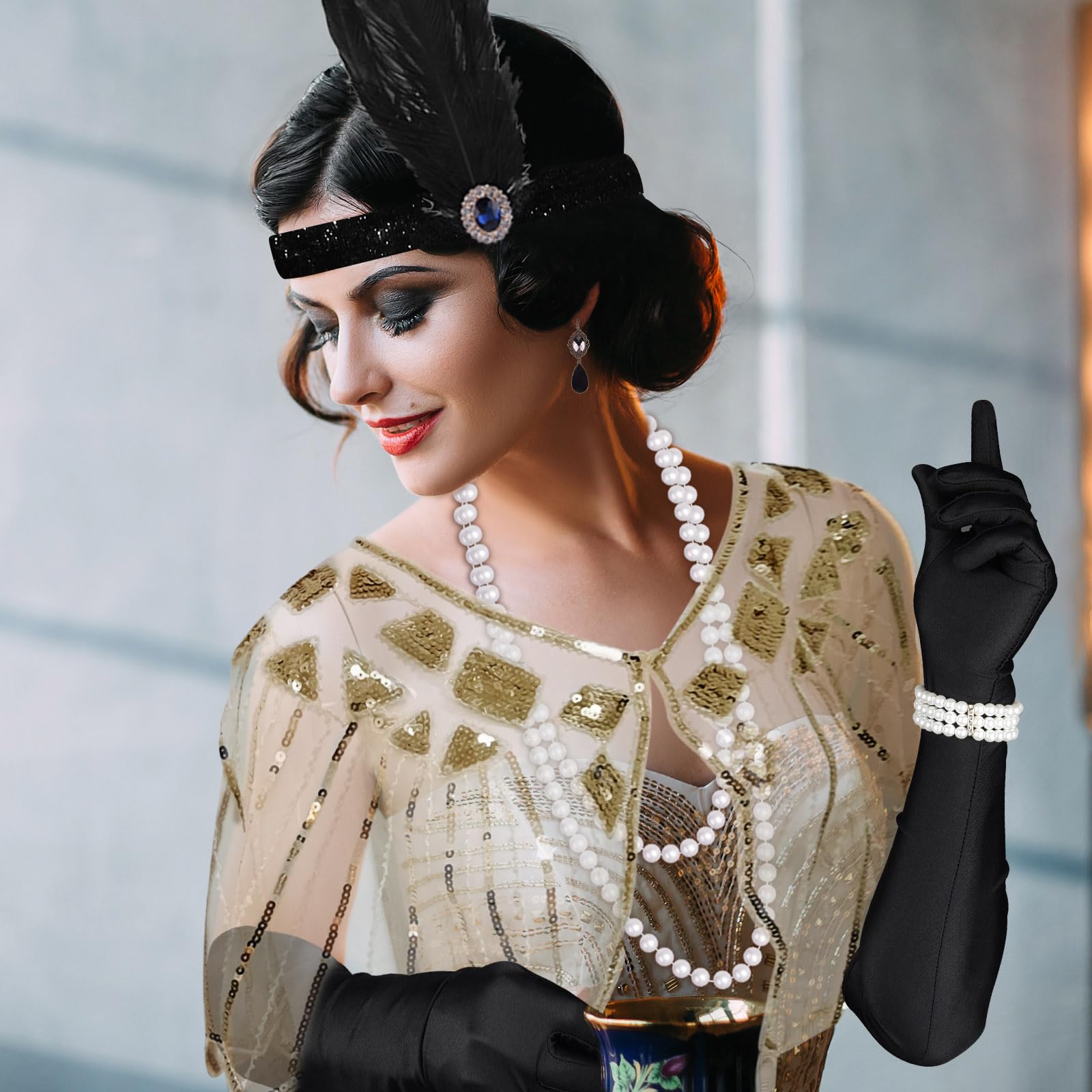 ELECLAND 10 sztuk Flapper Great Gatsby zestaw akcesoriów z lat 20. XX wieku, modny zestaw tematyczny z opaską na głowę, długie czarne rękawiczki, naszyjnik, kolczyki dla kobiet