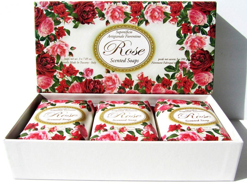 Saponificio Artigianale Fiorentino "Rose" - Italian Scented Soaps Set, 3 Bars 7.05 Ounces Each.