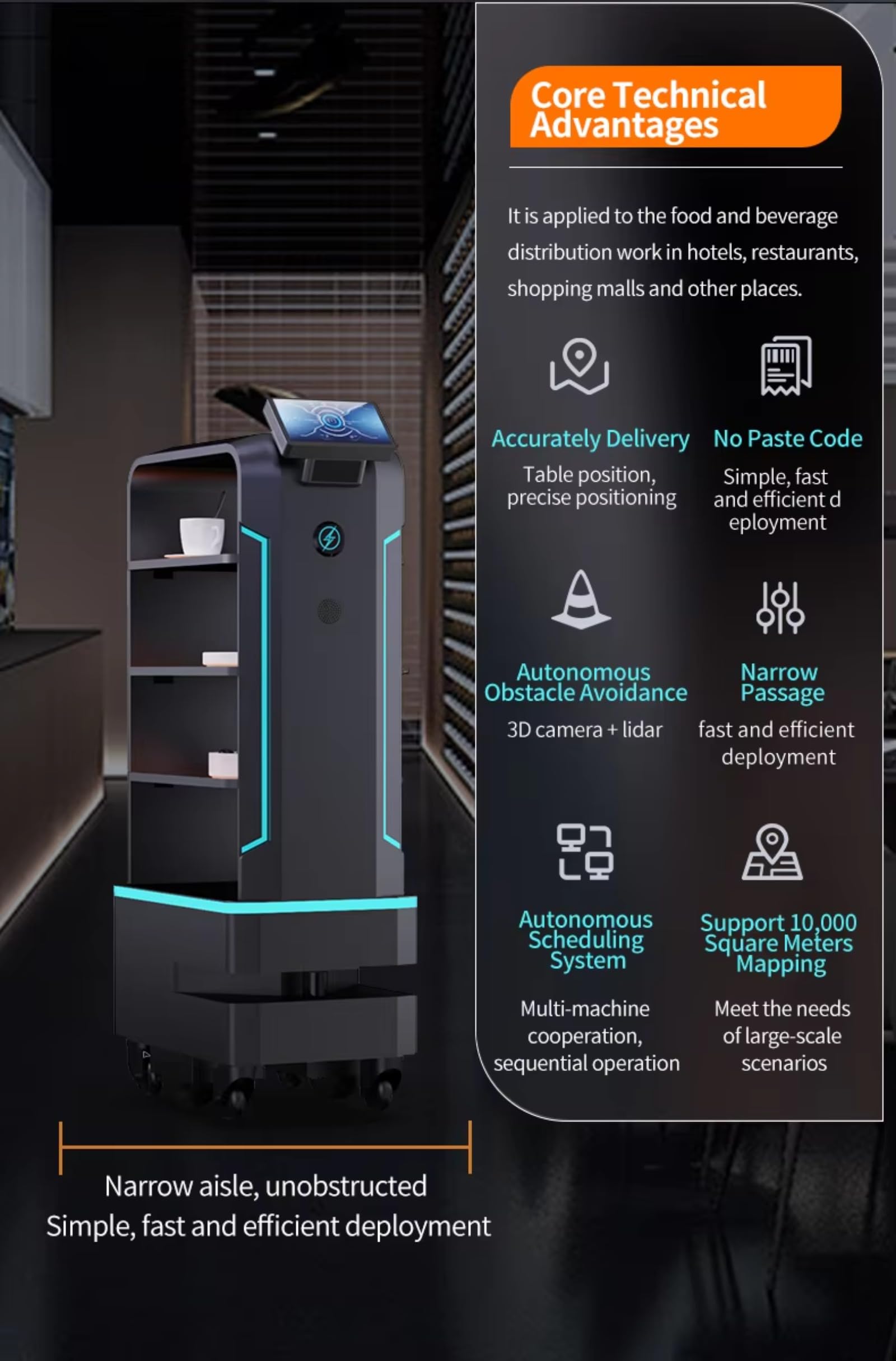 Robot de servicio para restaurantes y hoteles - Entrega autónoma de alimentos, camarero inteligente con navegación interior, prevención de obstáculos y servicio de comidas sin contacto
