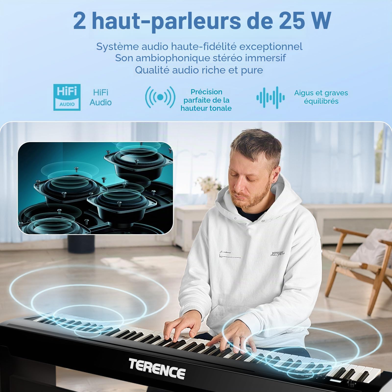 TERENCE Piano Numérique 88 Touches Clavier Graded-Hammer 50W Haut-parleurs HiFi Doubles Enregistrement Vidéo Mobile Bluetooth MIDI Prise en Charge des Casques et des Haut-parleurs