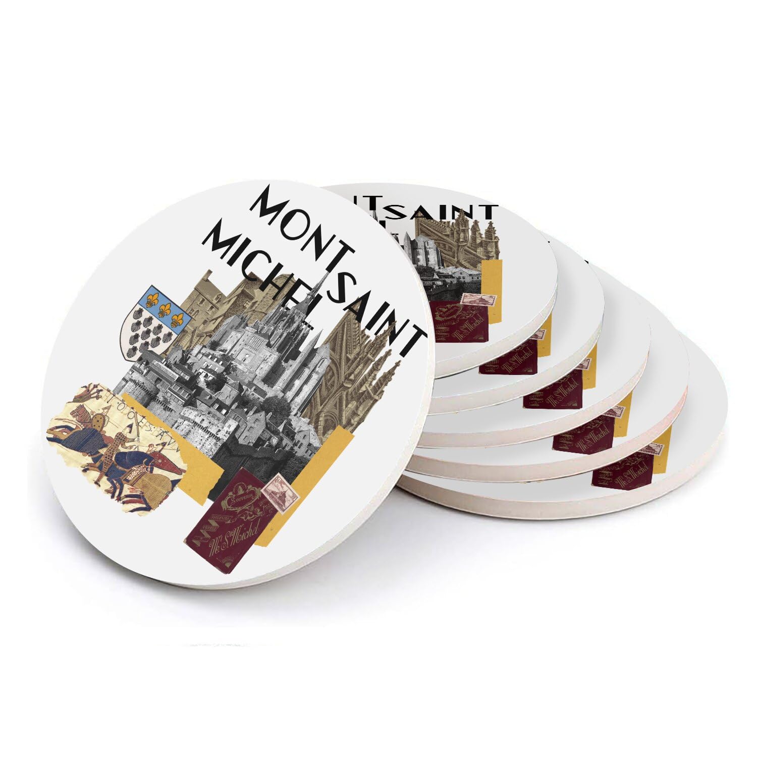 Sous-verre ronds en céramique d'art Mont Saint-Michel, finition premium lot de 6