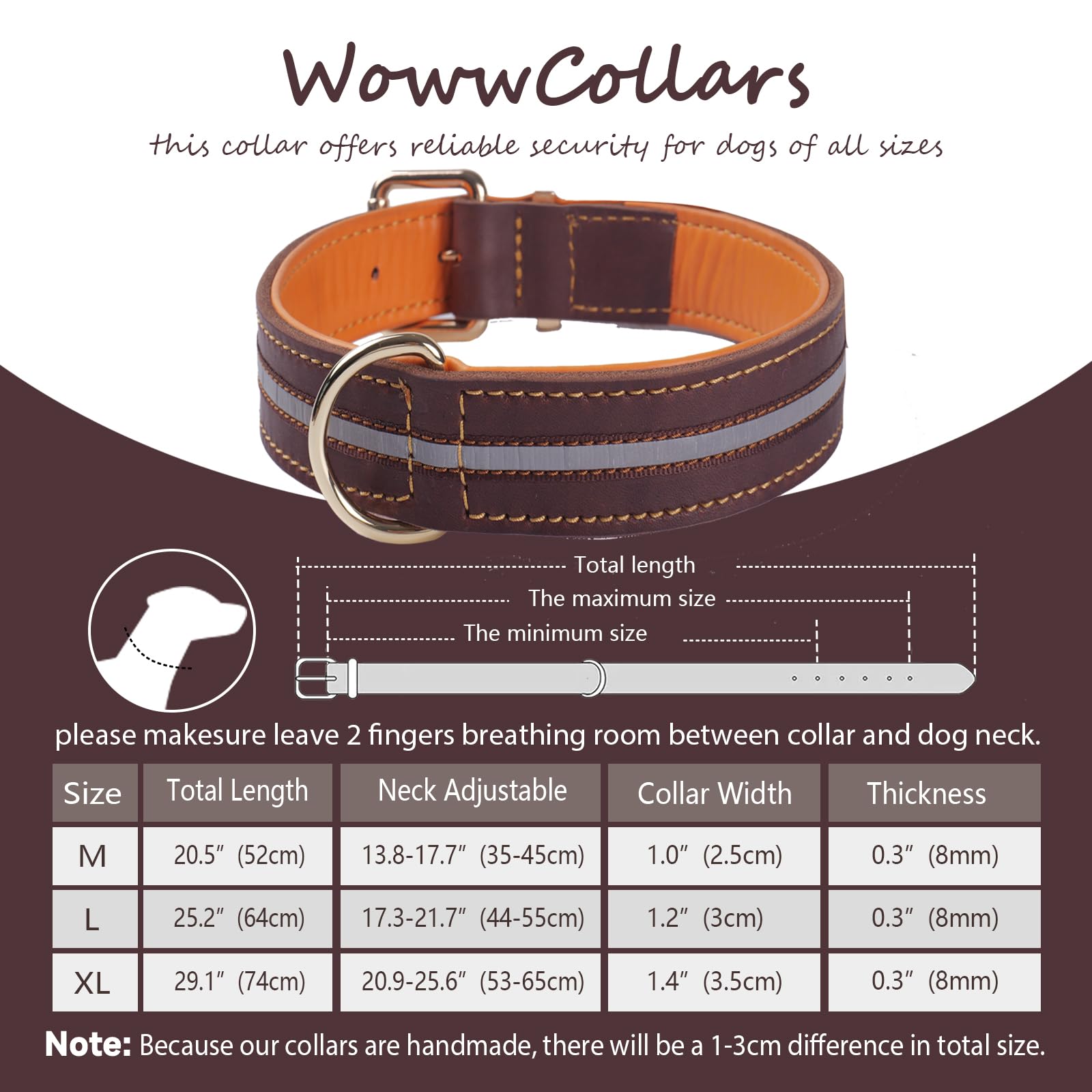 Collar de Perro de Cuero Grueso,Heavy Duty Cuero Genuino, Reflectante y Ajustable,Suave Acolchado para Mayor Comodidad,Collares de Perro Fuerte para Medianas, Grandes, Extra Grandes Razas（Marrón）(XL)