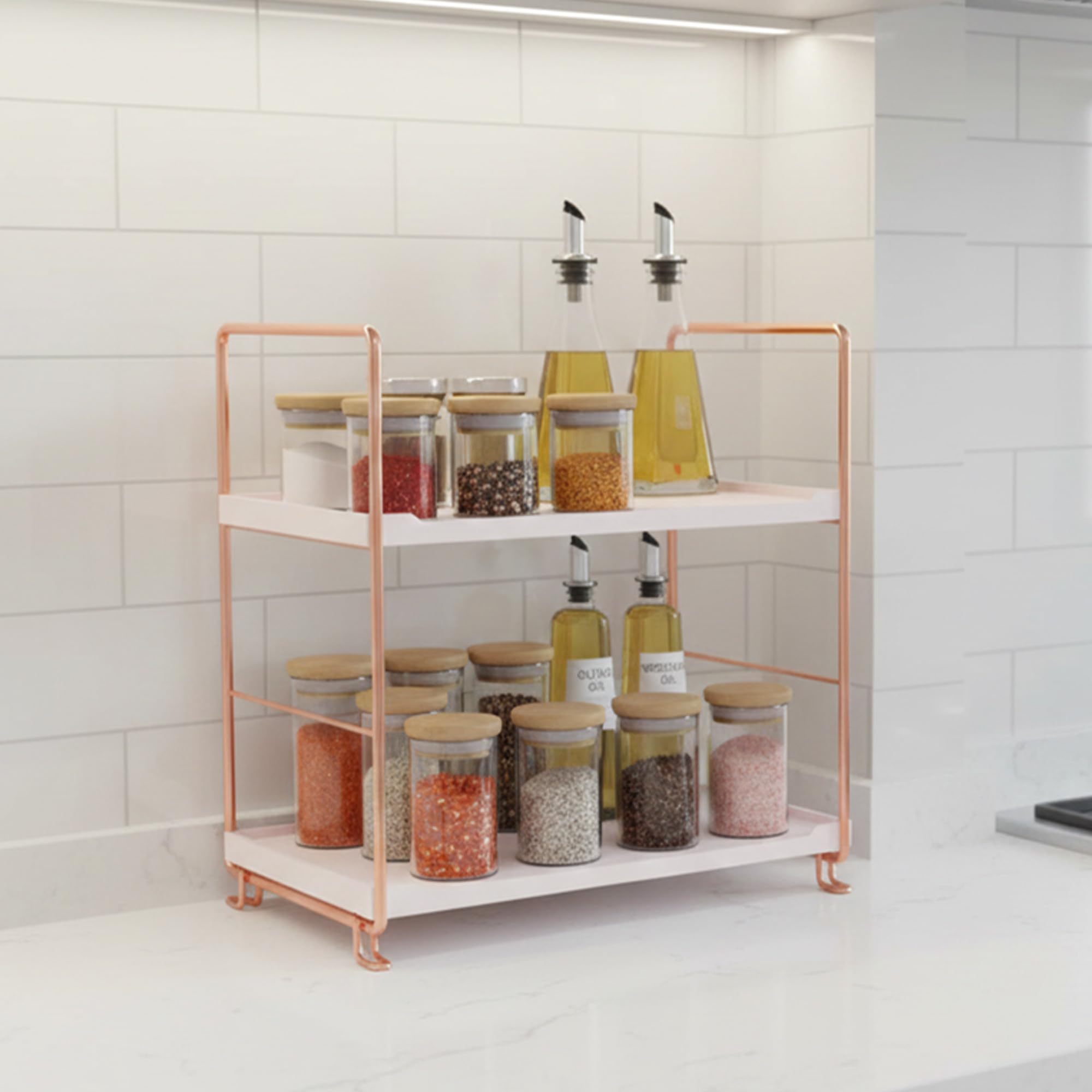 oddpod™ 2-Tier Metal Freestanding Stackable Organizer Rack, Bathroom Countertop Storage Shelves/Multi-Layer Desktop Cosmetics & Kitchen Spice Organizer (Rose Gold)-picture-16