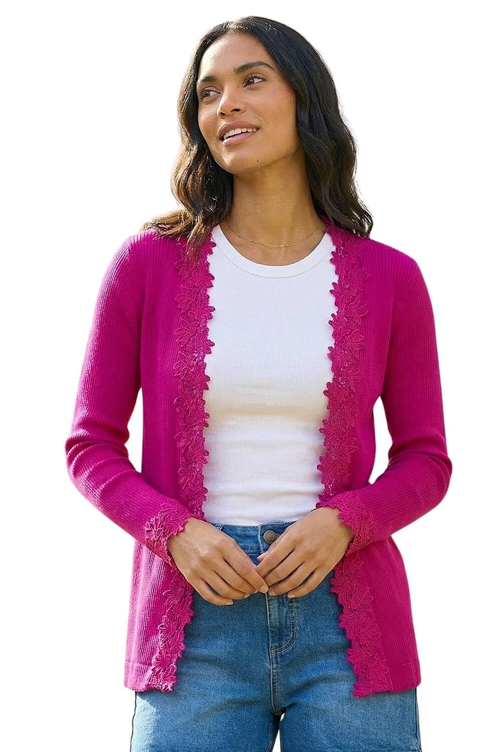 Roman Originals Lace Trim Knit Cardigan for Women UK - Ladies Everyday Holiday Spring Summer Comfy Soft Evening Vacation Work Party - Cerise - Size 14