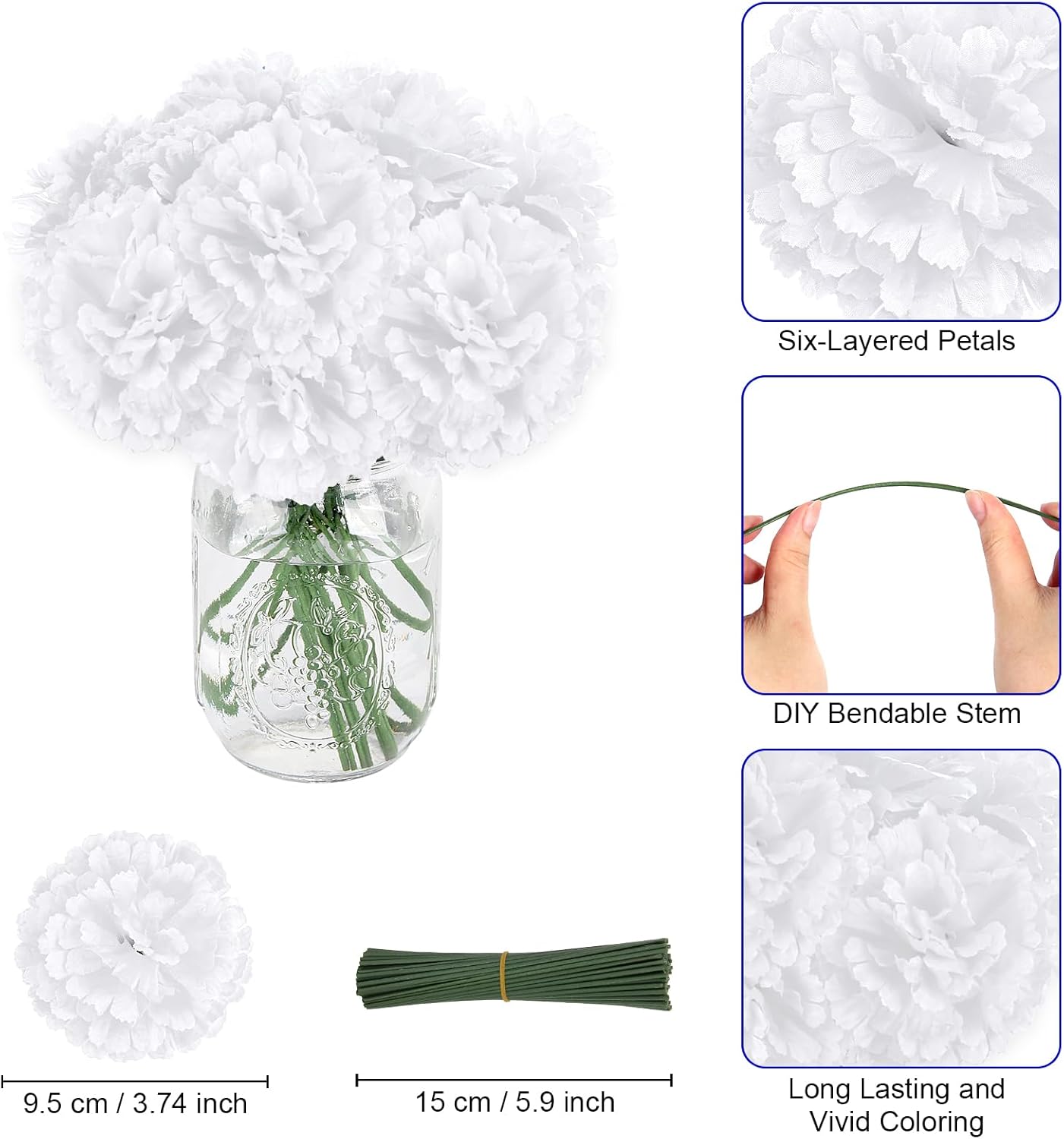 LELEE 108pcs Carnation Head Flowers with Stem, White Artificial Carnations Flowers Bulk, White Silk Carnation Fake Flower for Wedding Bouquet Table Centerpieces Funeral Cemetery Gravesite Decor