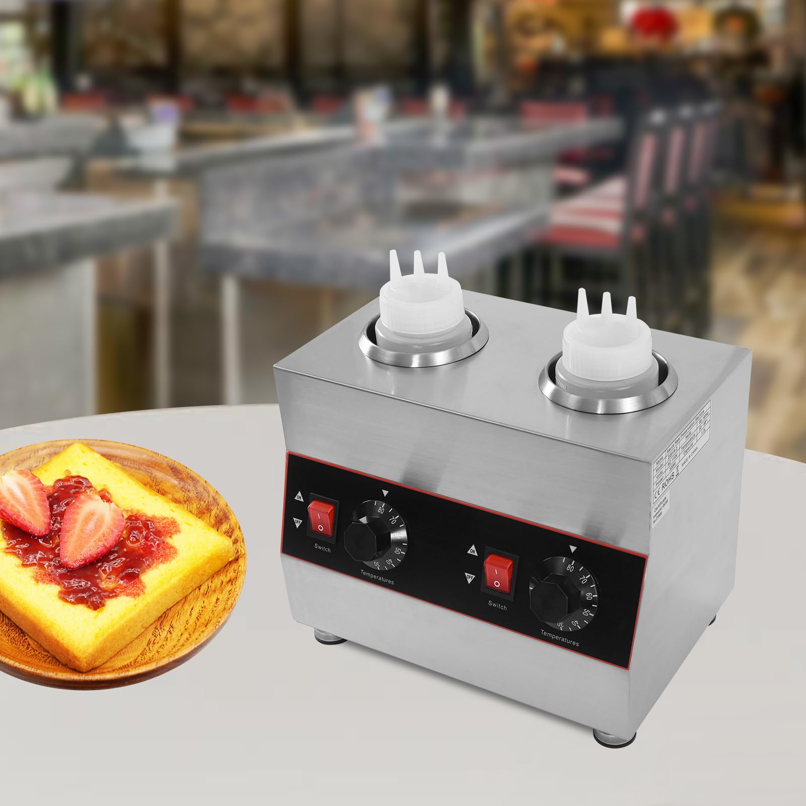 Commercial Sauce Warmer, Electric Chocolate Sauce Warmer Toppings Bottle Warmer Hot Cheese Sauce Dispenser Jam Heat Preservation Machine with 2 Bottles