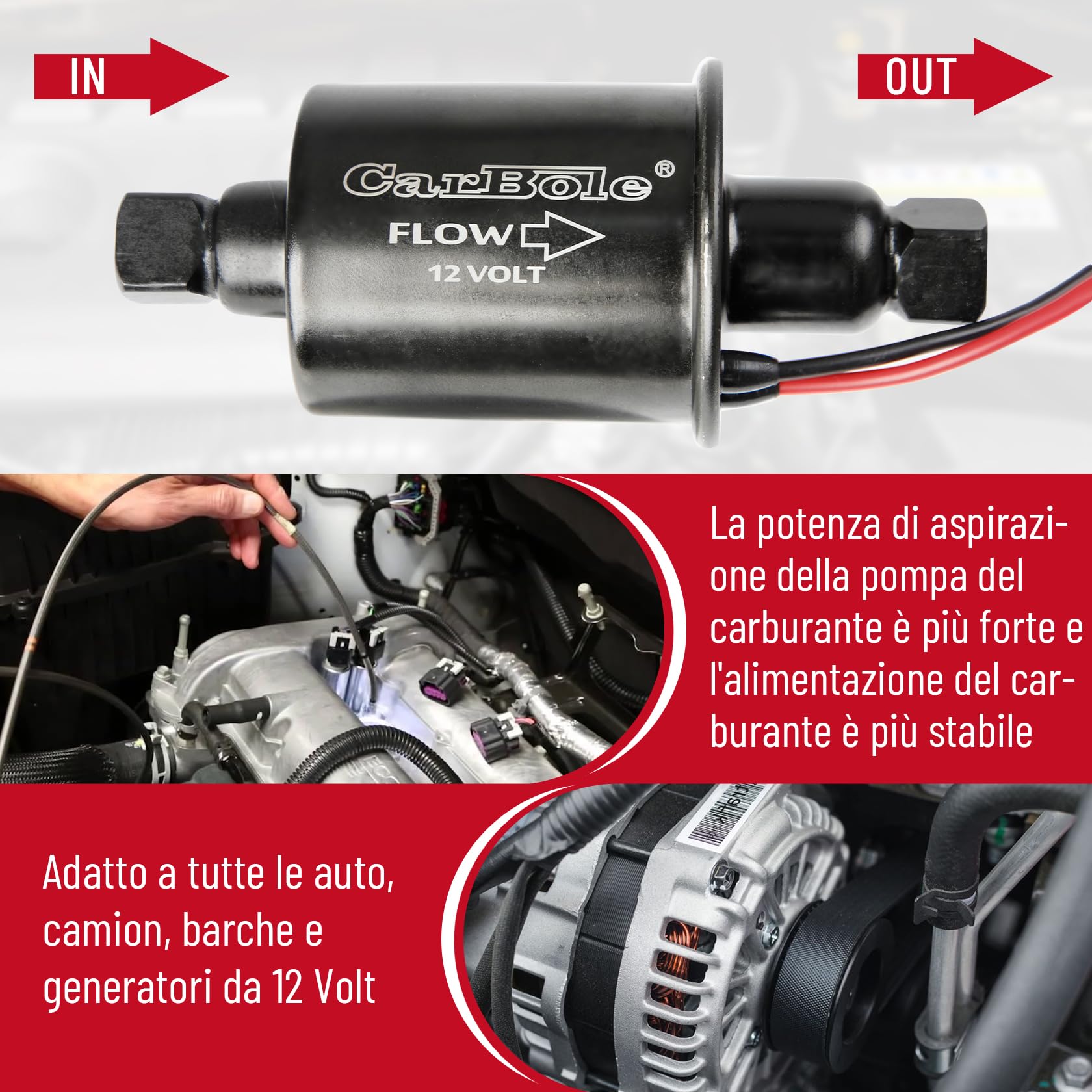 CarBole Pompa Carburante Elettrica 5-9 PSI,Pompa di Benzina Universale Adatta per Diesel e Benzina con Kit di Installazione,Filo di Rame Puro,Dimensioni di Ingresso e Uscita di 8mm,Nero