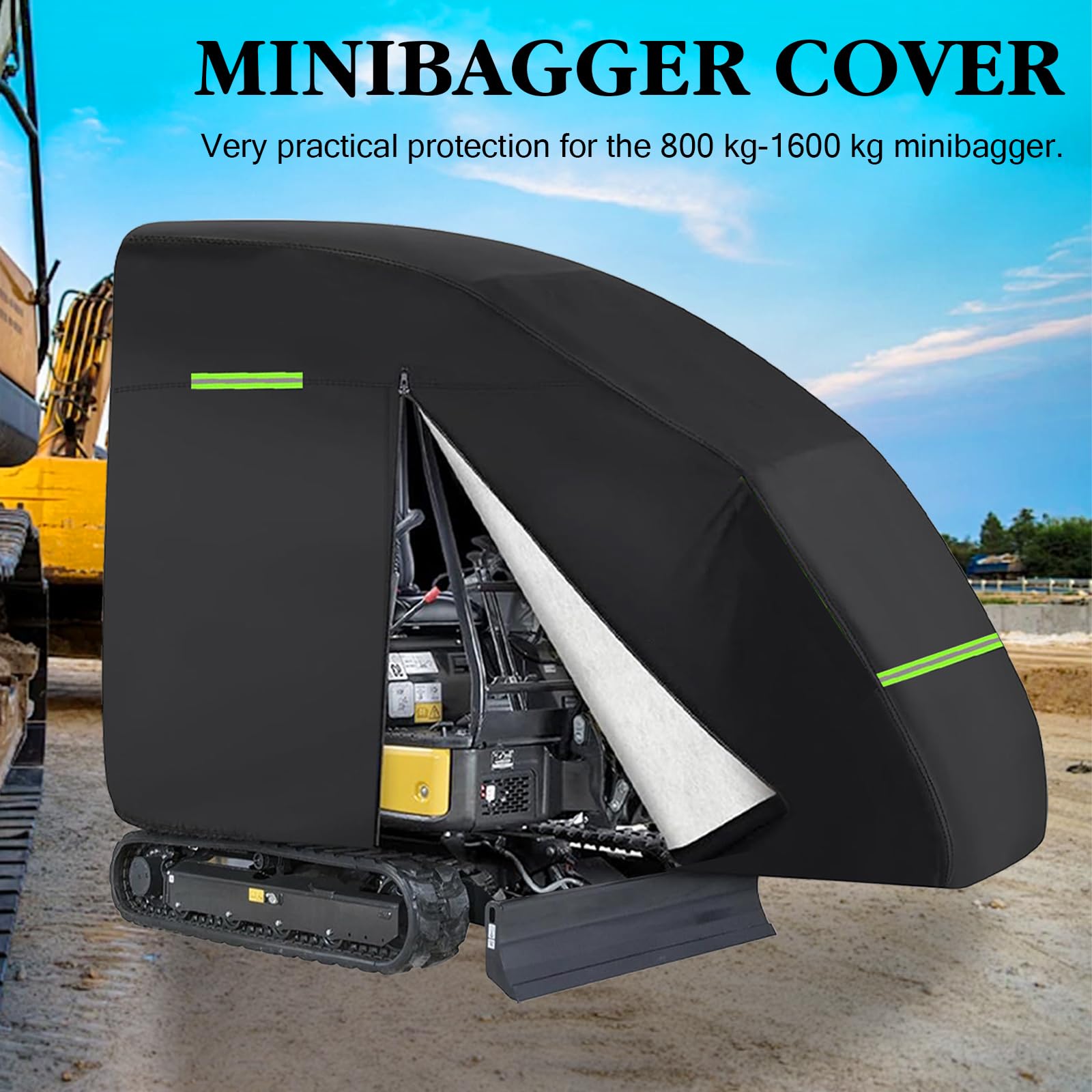 Copertura per escavatore, mini escavatore, 800-1600 kg, impermeabile, tessuto Oxford 420D, con chiusura lampo, strisce riflettenti, orlo elastico, pioggia, polvere, foglie, protezione UV (nero)