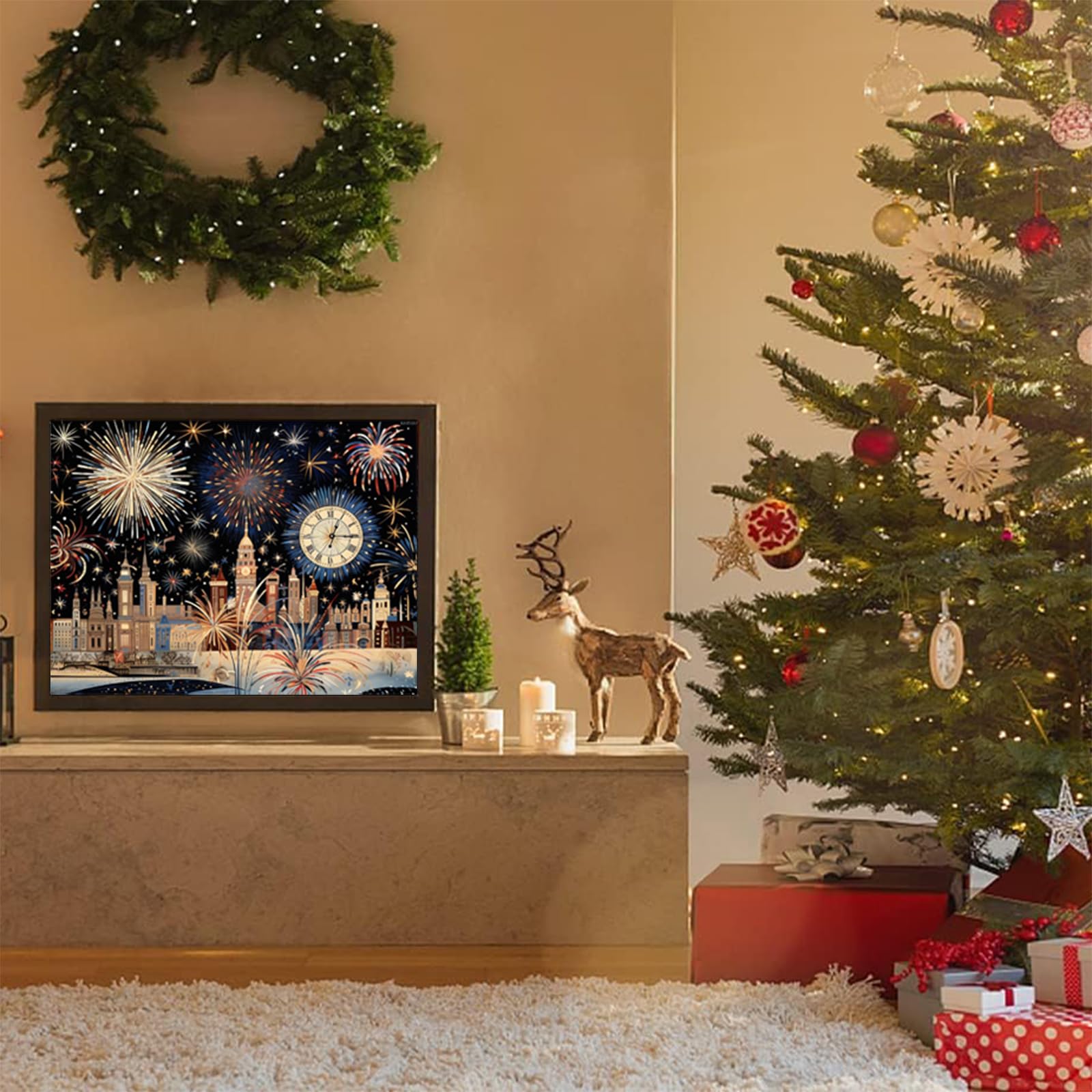 KAYEIUU Pintura de diamantes 5D con diseño de fuegos artificiales de Feliz Año Nuevo para adultos, kit de pintura de diamante redondo por números para principiantes, gemas, punto de cruz para
